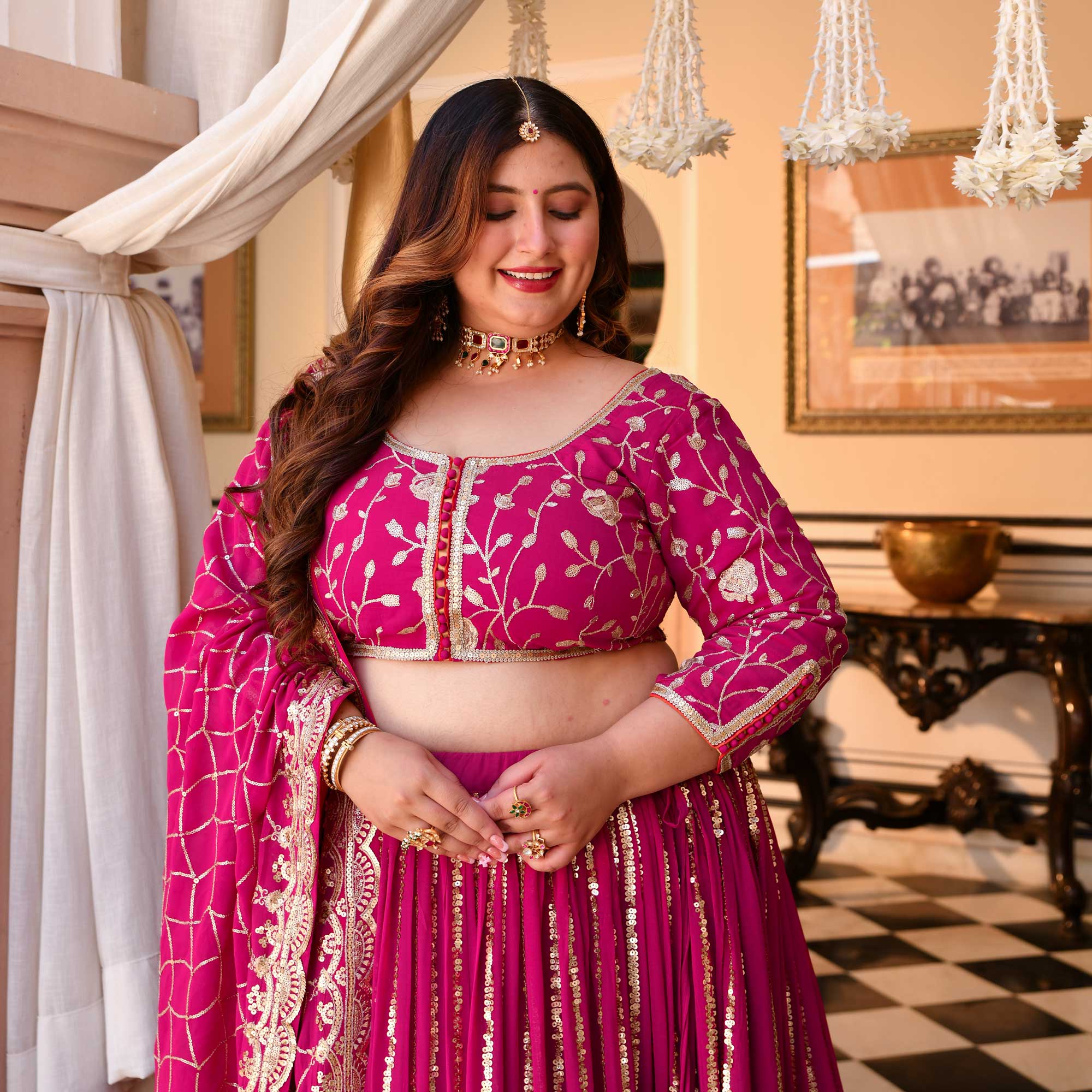 Rani Sa - Deep Magenta Pink Sequin Embroidered Pure Georgette Lehenga Set | The Plus Size Store