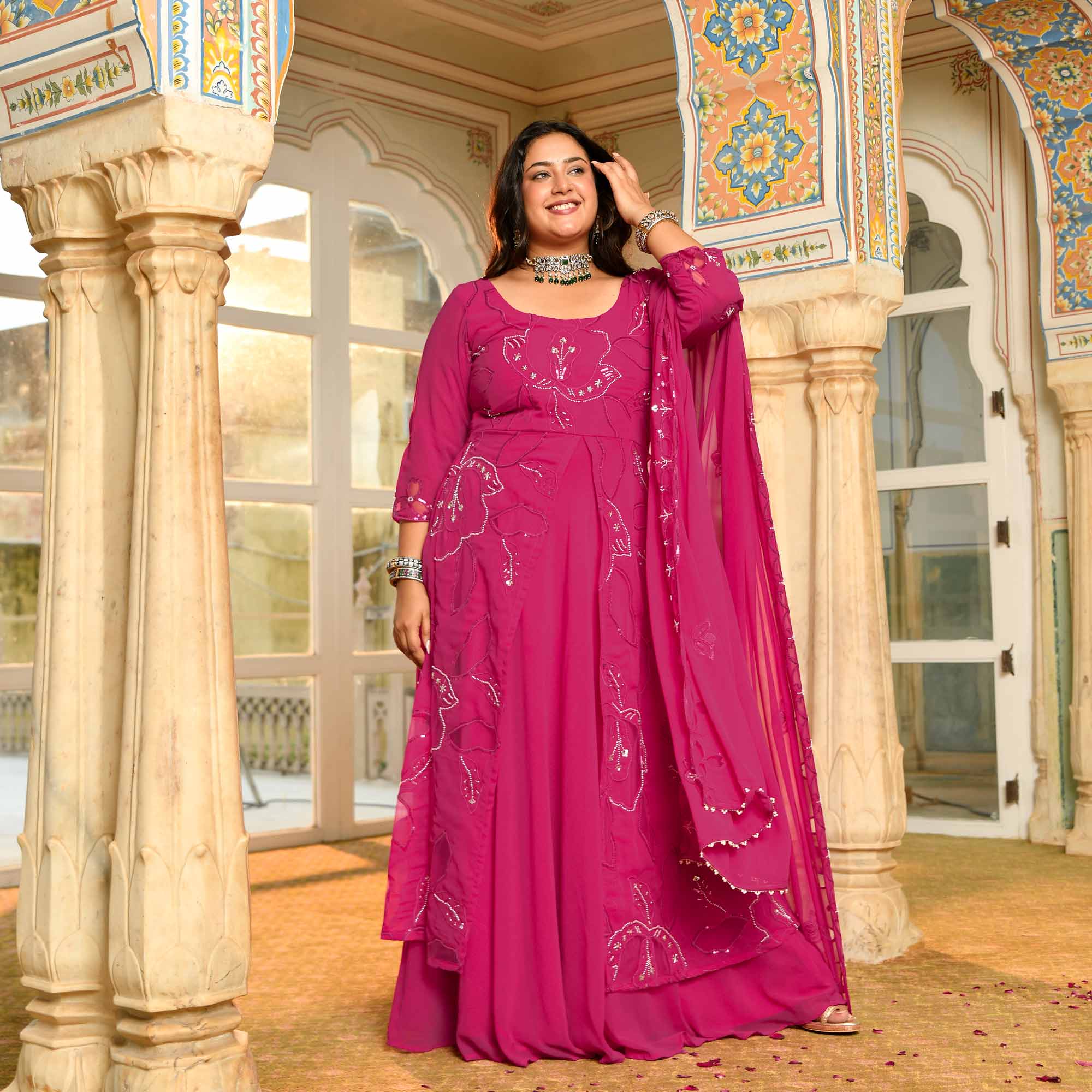 Rani Mahal - Deep Pink Cutdana Embroidery Georgette Anarkali Dress