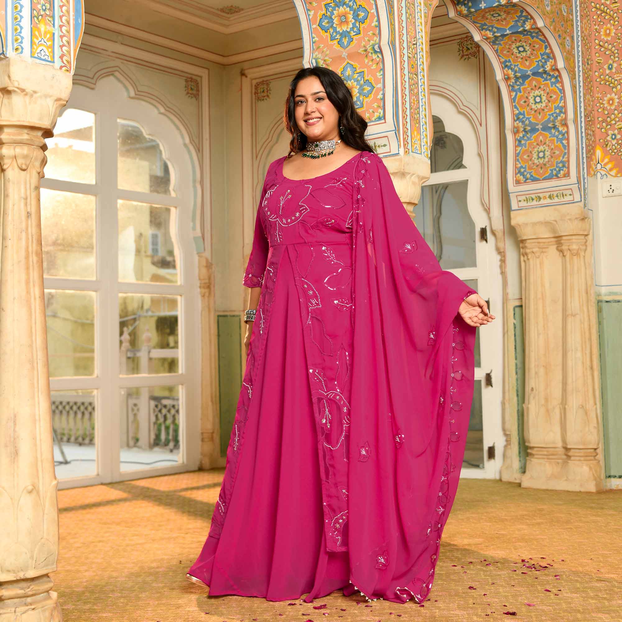 Rani Mahal - Deep Pink Cutdana Embroidery Georgette Anarkali Dress