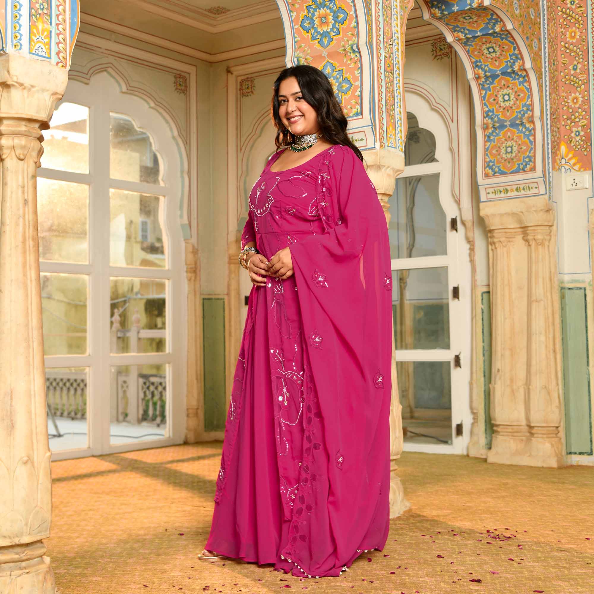 Rani Mahal - Deep Pink Cutdana Embroidery Georgette Anarkali Dress