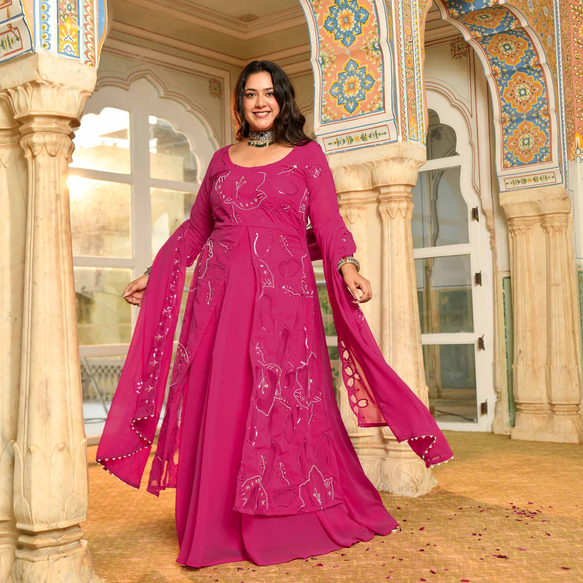 Rani Mahal - Deep Pink Cutdana Embroidery Georgette Anarkali Dress