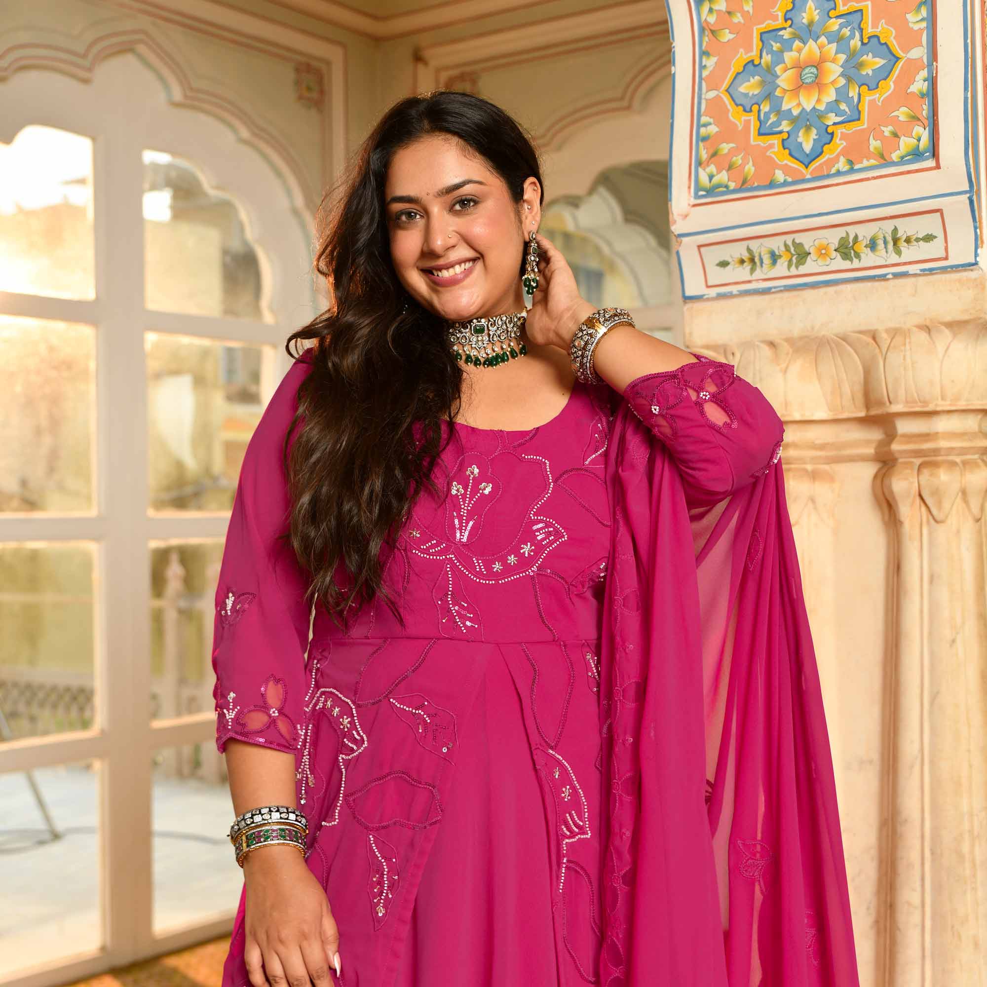 Rani Mahal - Deep Pink Cutdana Embroidery Georgette Anarkali Dress