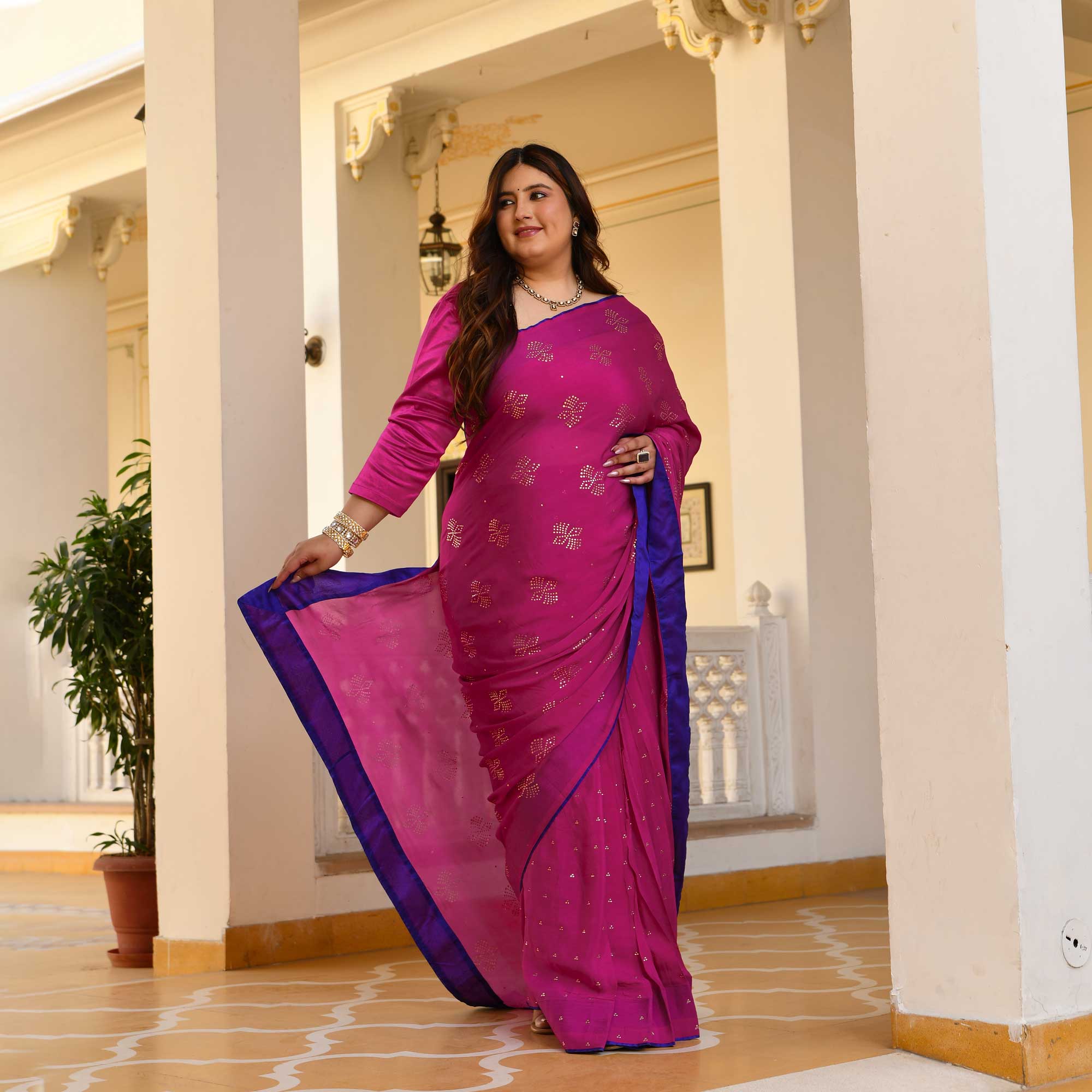 Blush Royale- Rani Pink & Gold Embroidered Pre-drape Saree Set