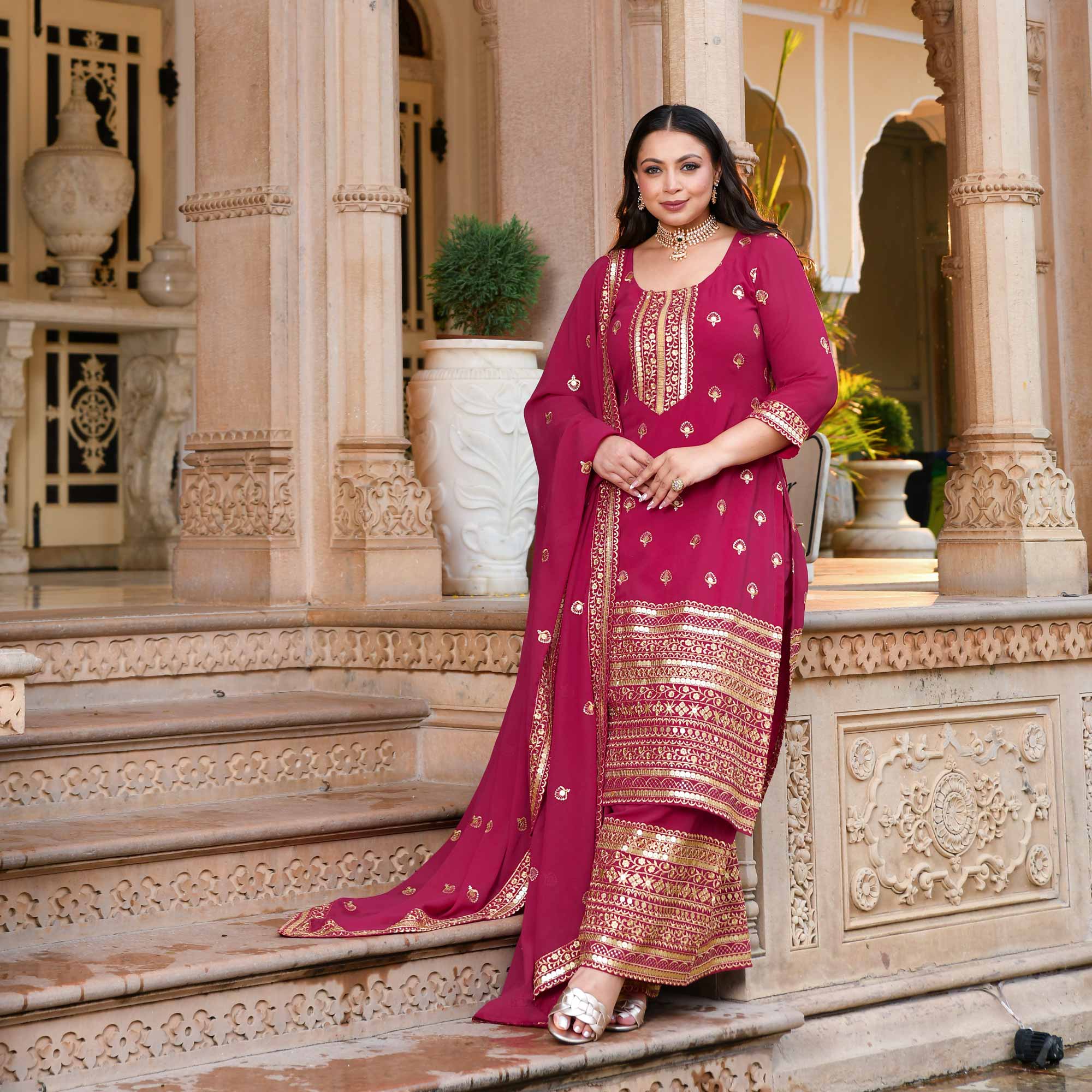 Deep Rose Sparkle Sequin Embroidered Georgette Suit Set