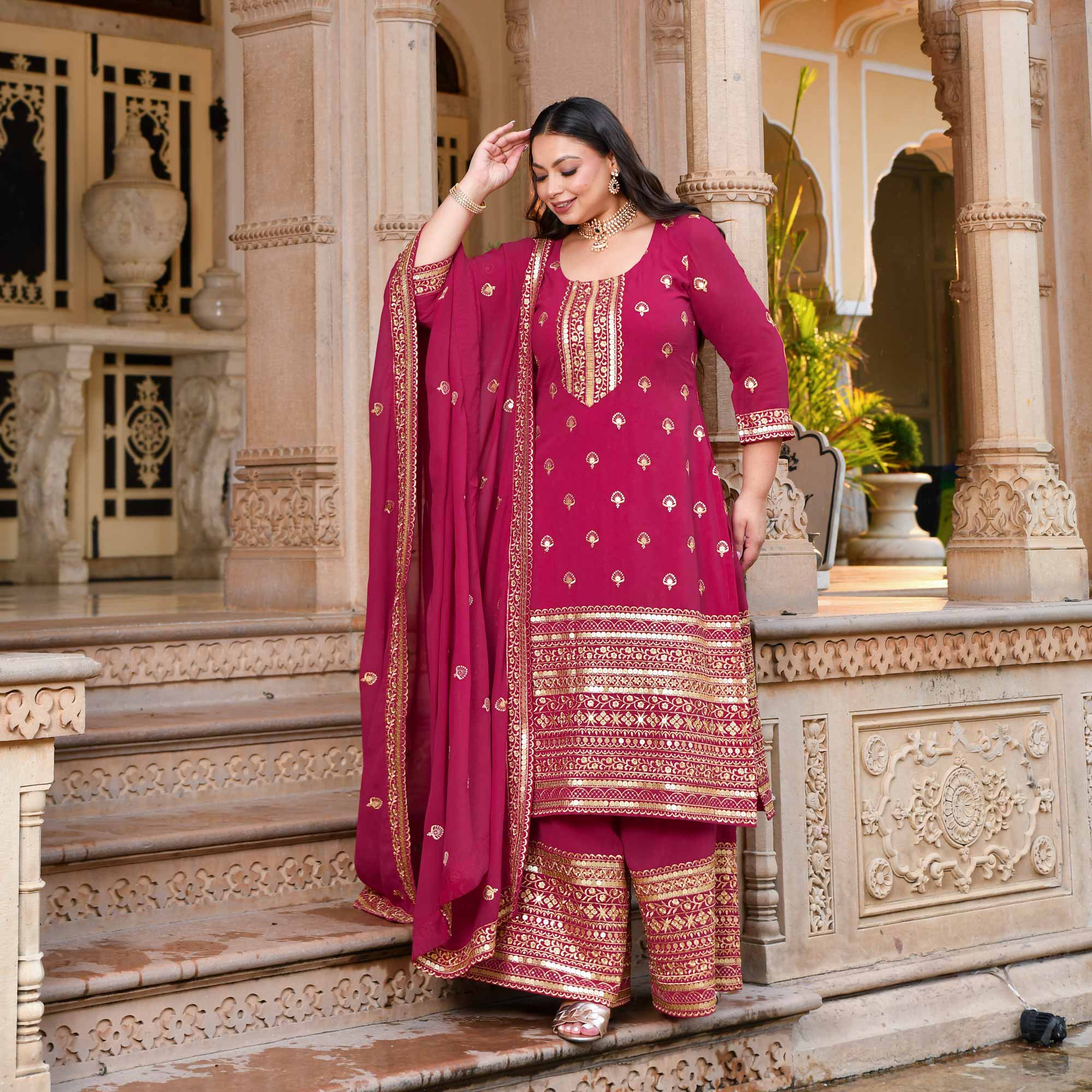 Deep Rose Sparkle Sequin Embroidered Georgette Suit Set