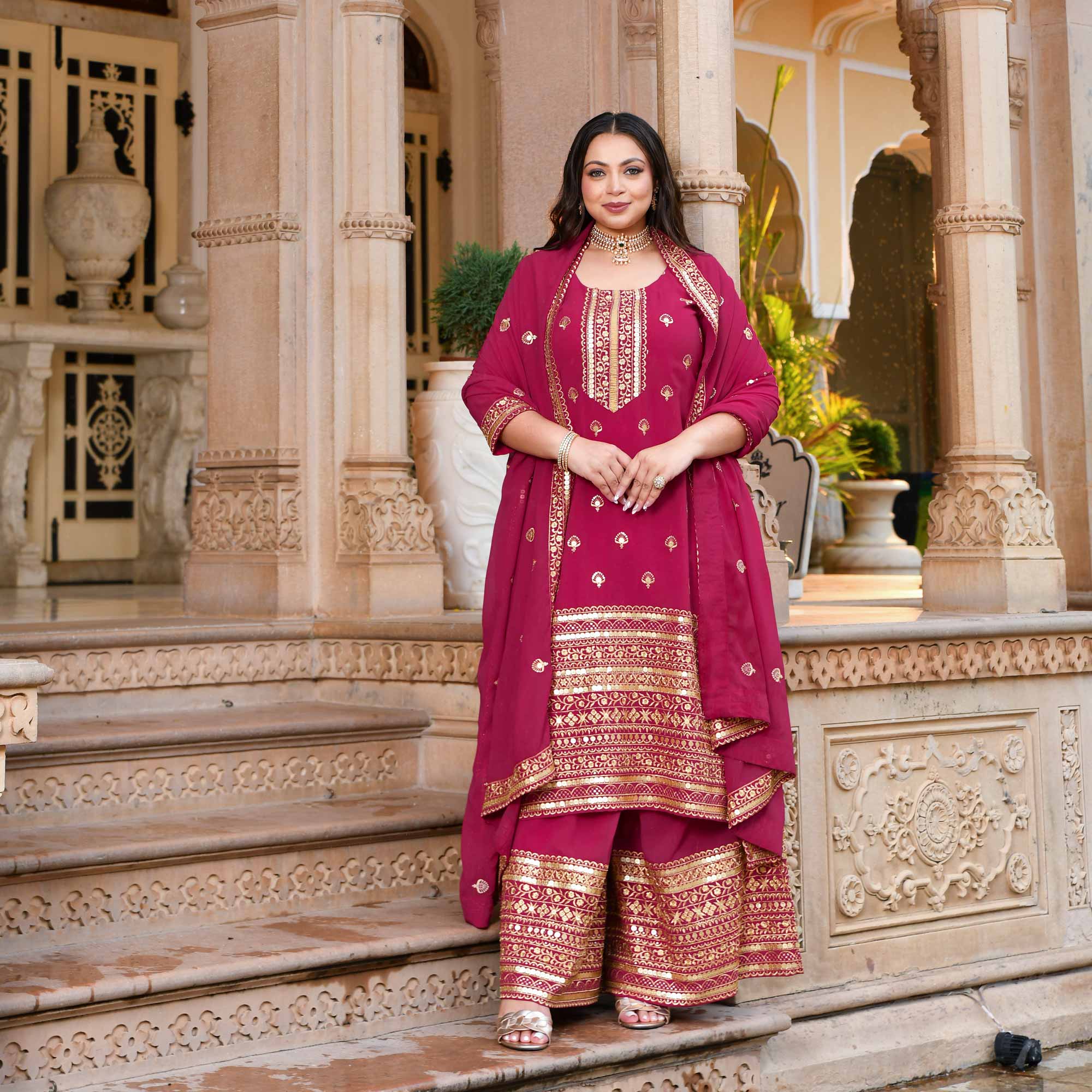 Deep Rose Sparkle Sequin Embroidered Georgette Suit Set