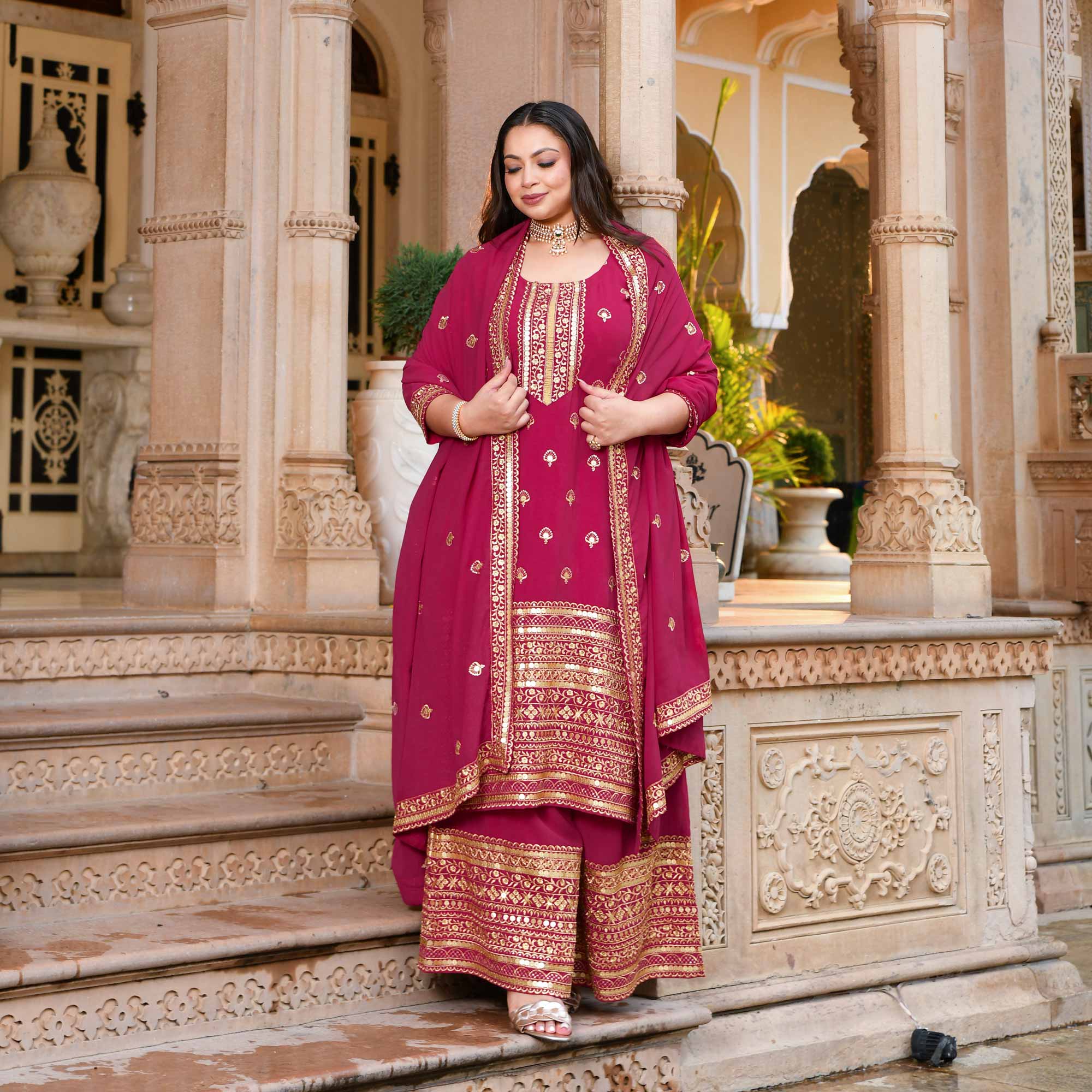 Deep Rose Sparkle Sequin Embroidered Georgette Suit Set