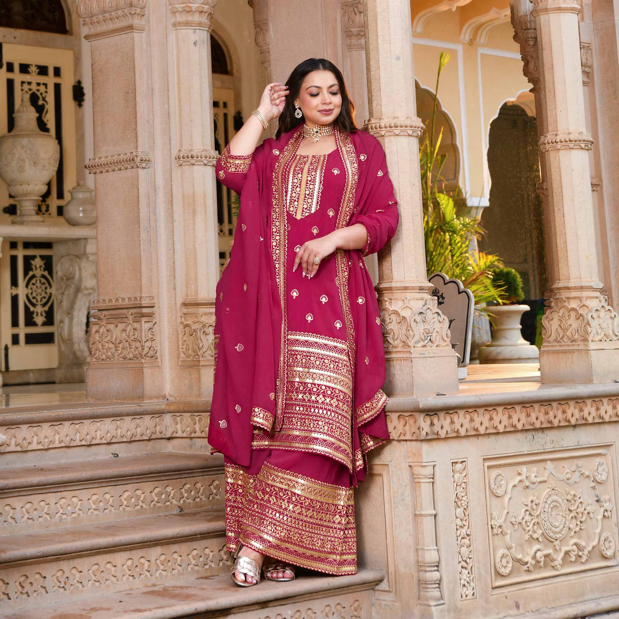 Deep Rose Sparkle Sequin Embroidered Georgette Suit Set