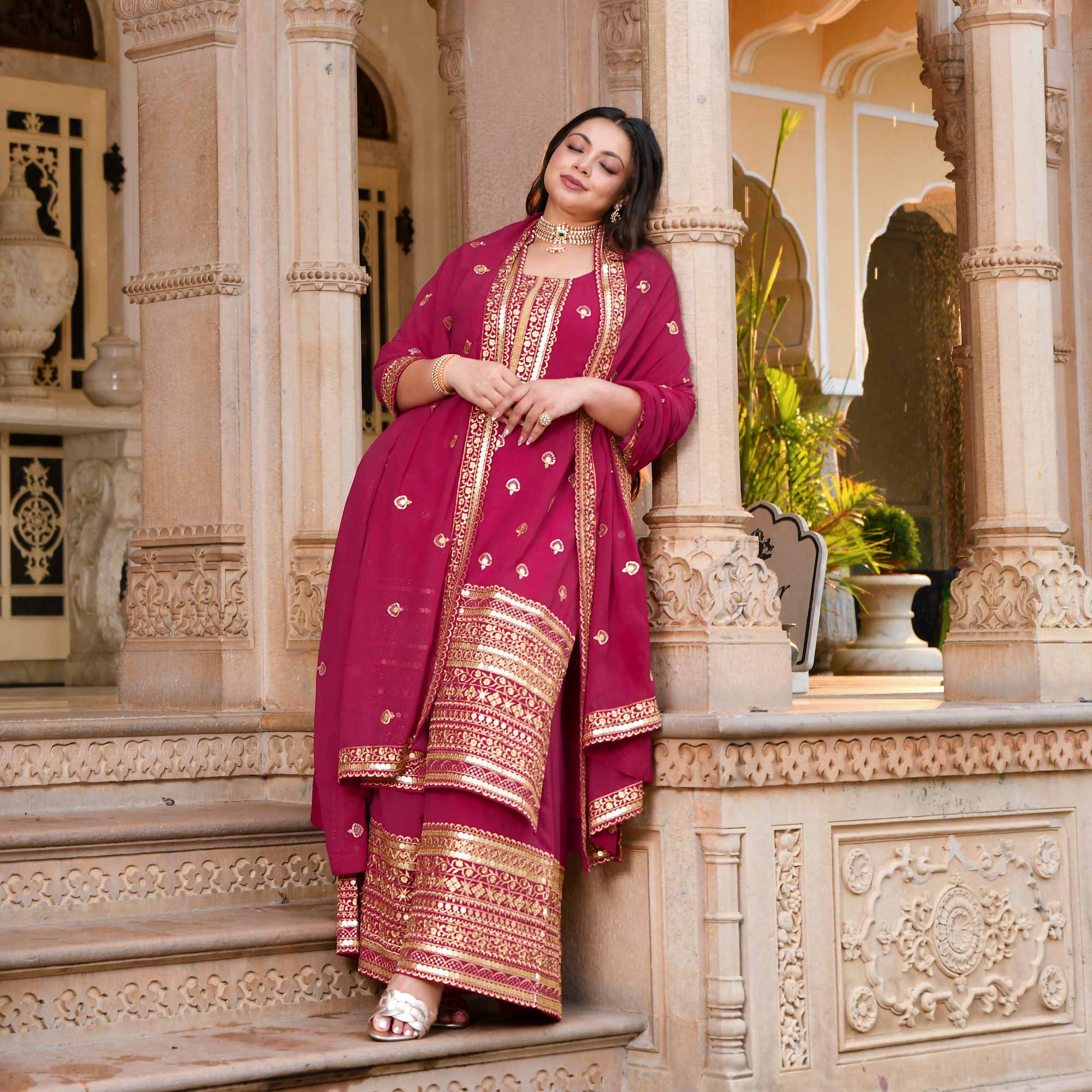 Deep Rose Sparkle Sequin Embroidered Georgette Suit Set