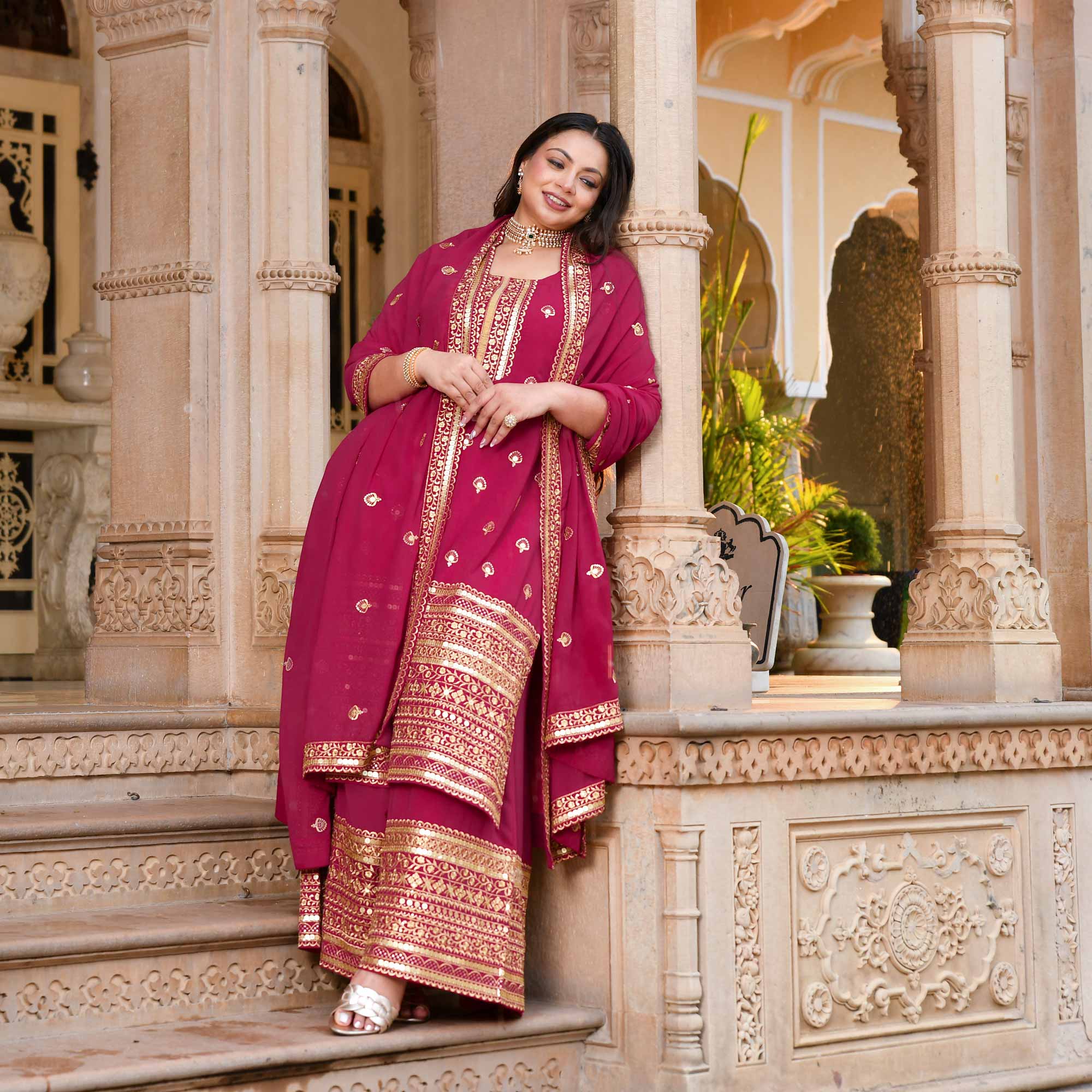 Deep Rose Sparkle Sequin Embroidered Georgette Suit Set