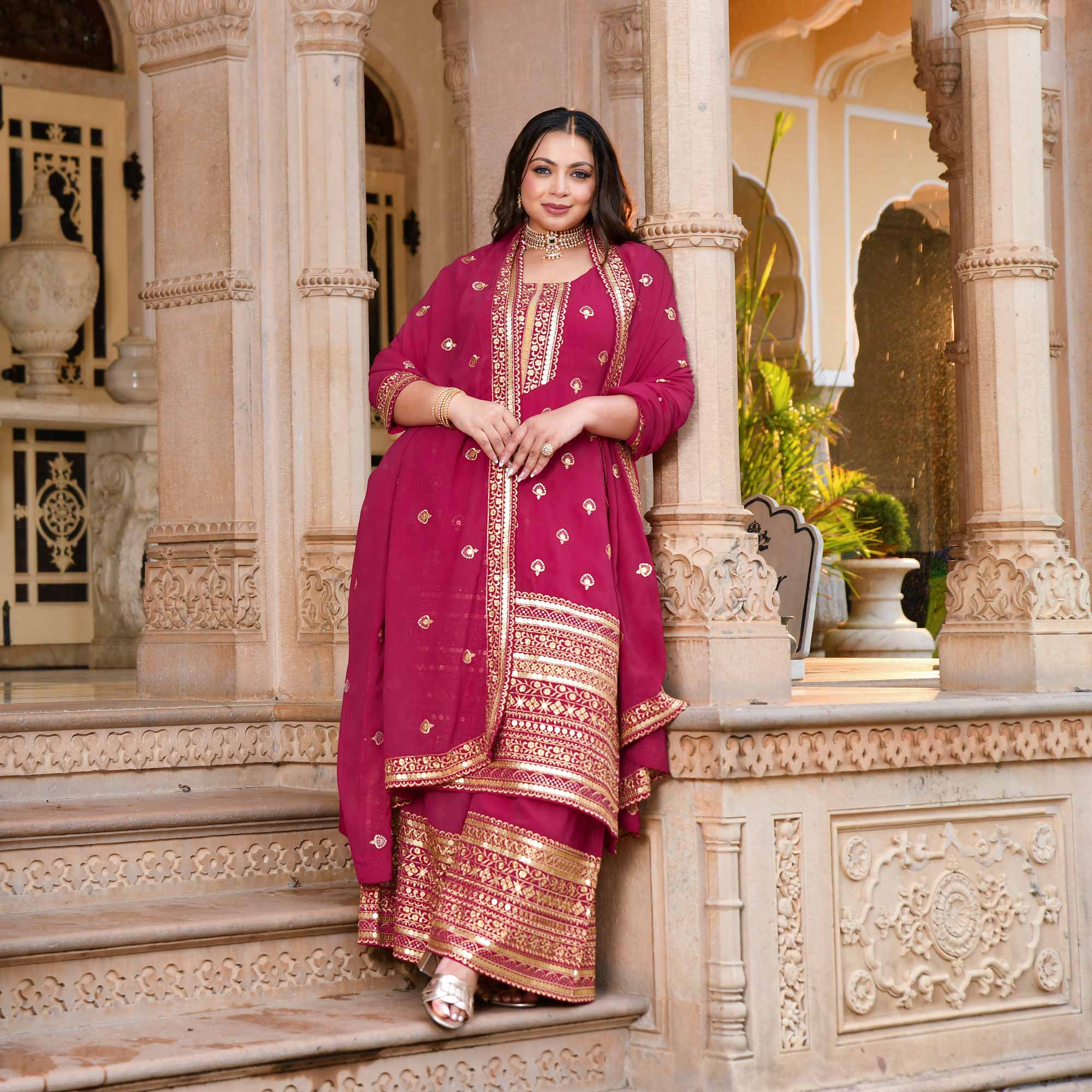 Deep Rose Sparkle Sequin Embroidered Georgette Suit Set