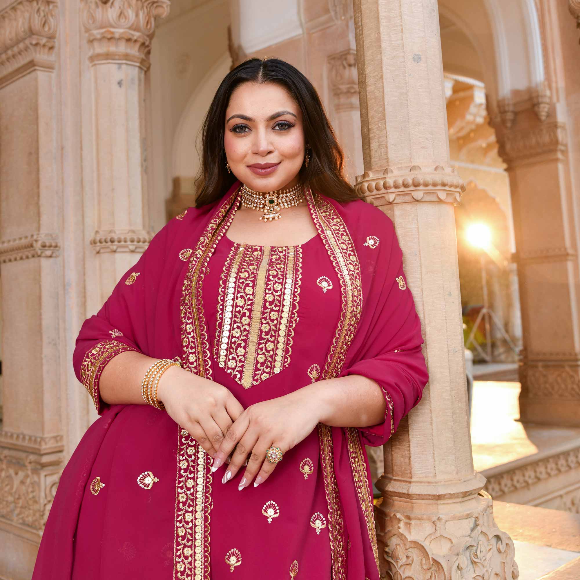 Deep Rose Sparkle Sequin Embroidered Georgette Suit Set