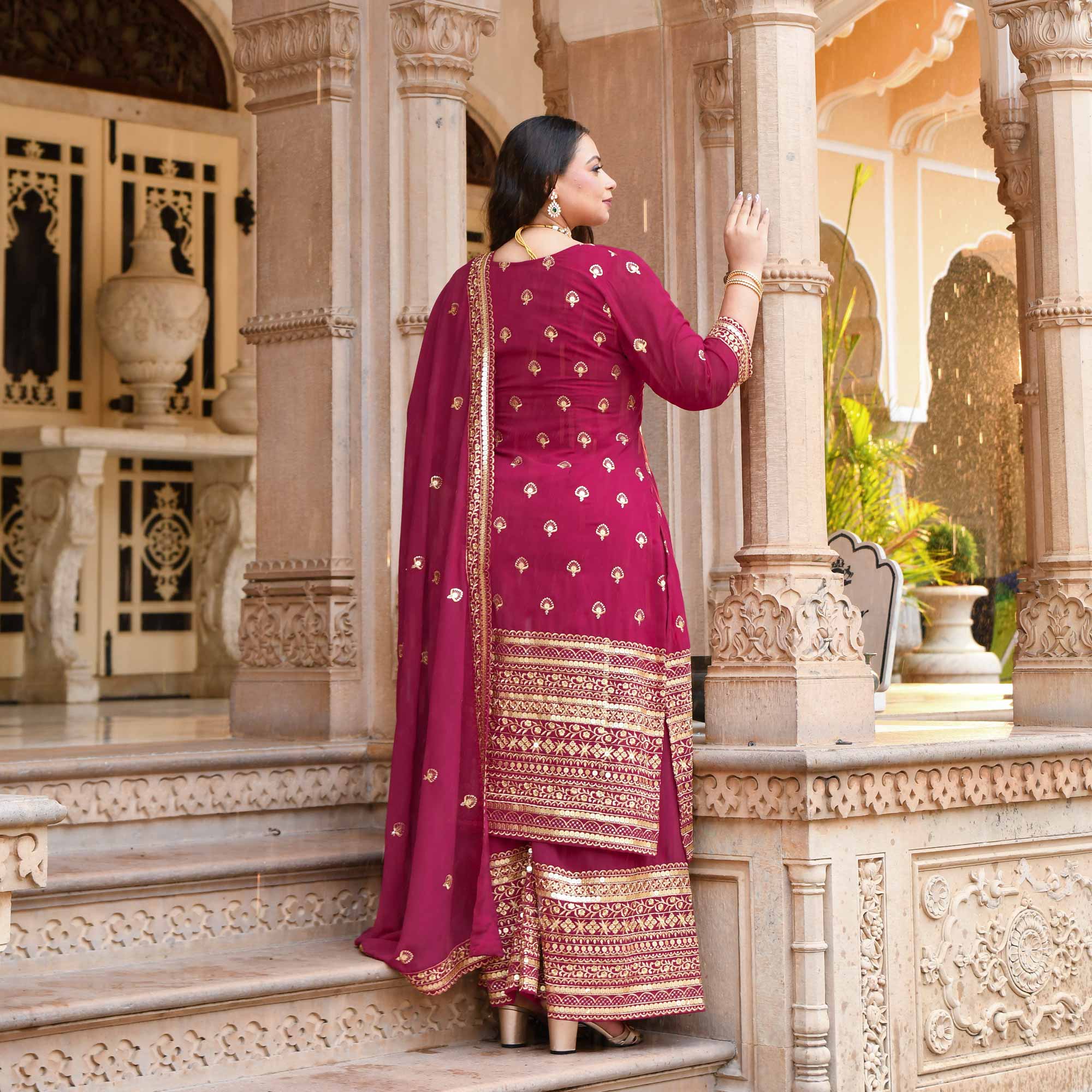 Deep Rose Sparkle Sequin Embroidered Georgette Suit Set