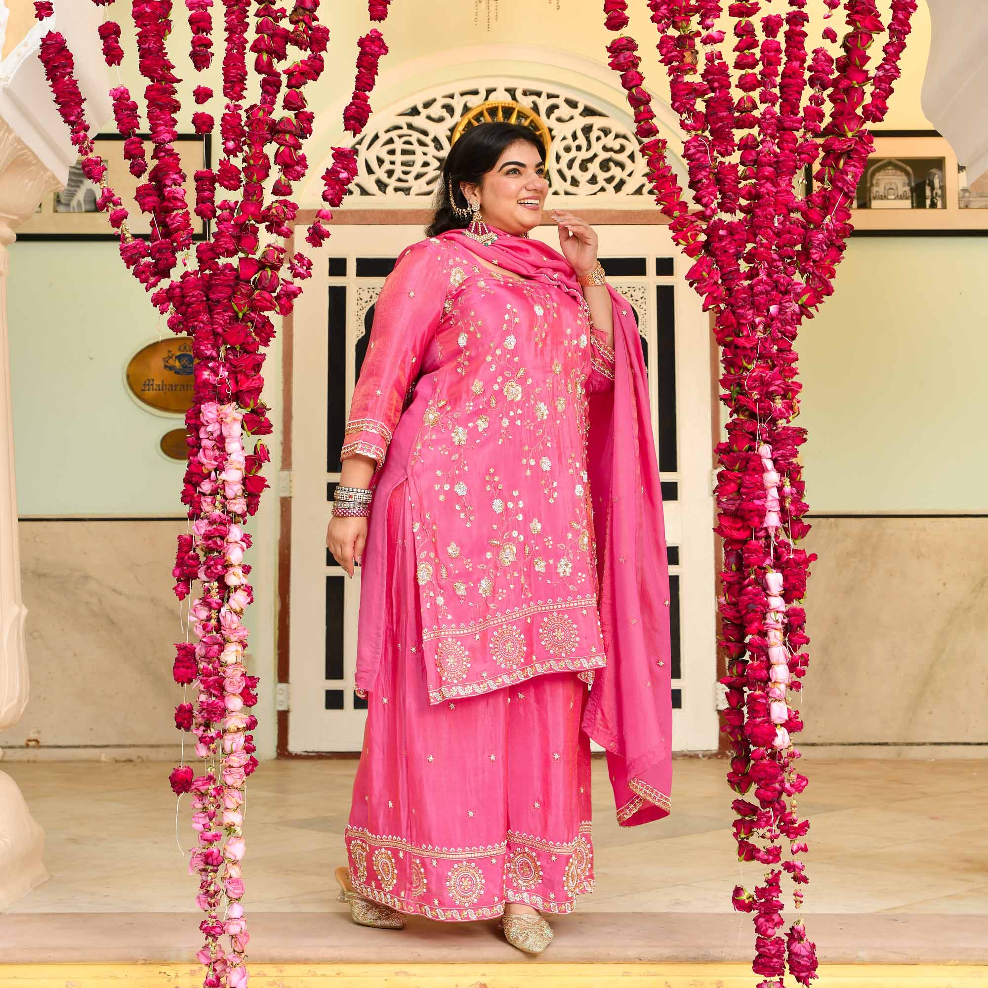 Shukran- Fuscia Pink Pure Tissue Cutdana Embroidered Suit Set