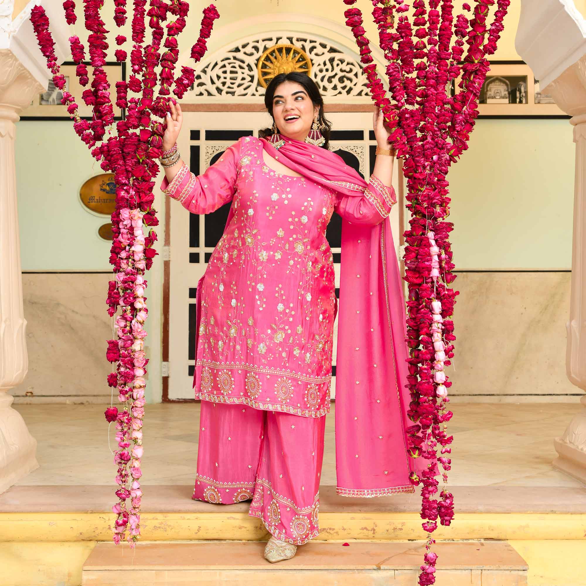 Shukran- Fuscia Pink Pure Tissue Cutdana Embroidered Suit Set