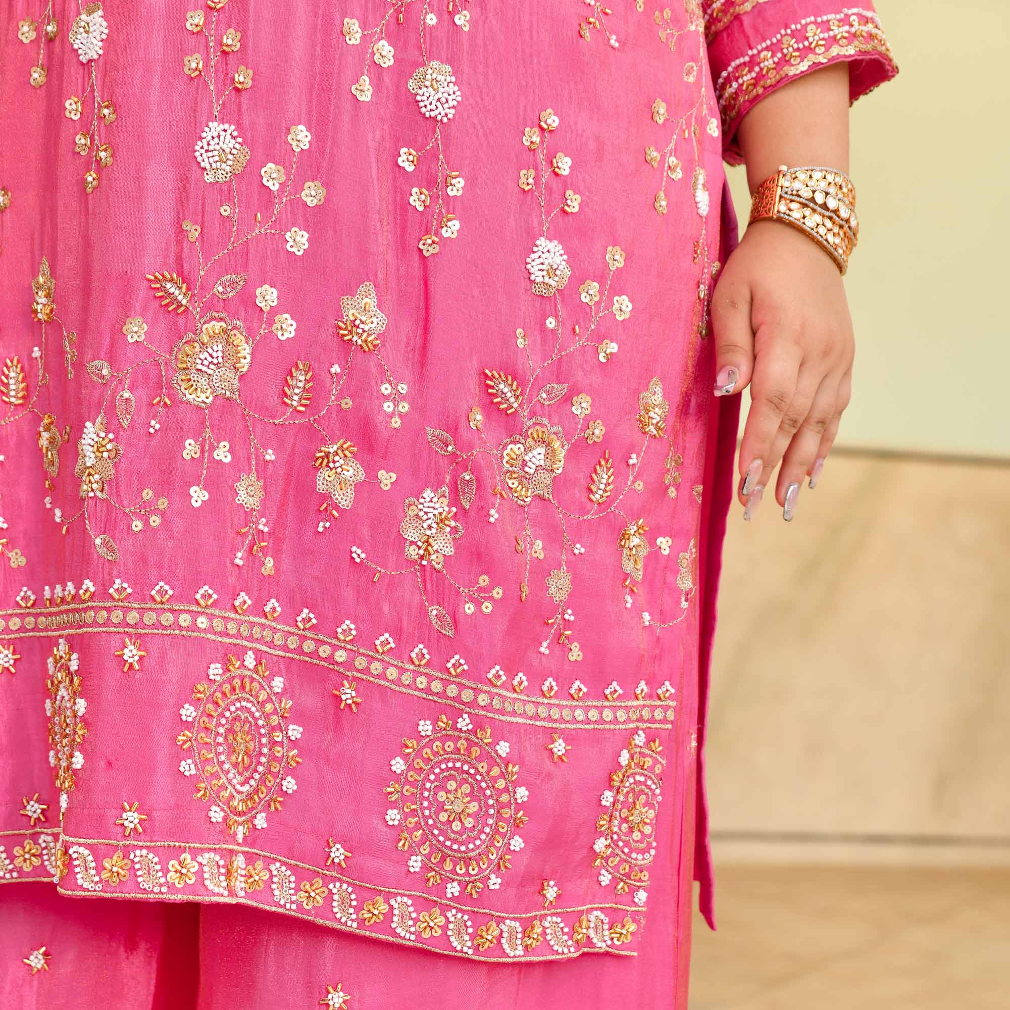 Shukran- Fuscia Pink Pure Tissue Cutdana Embroidered Suit Set