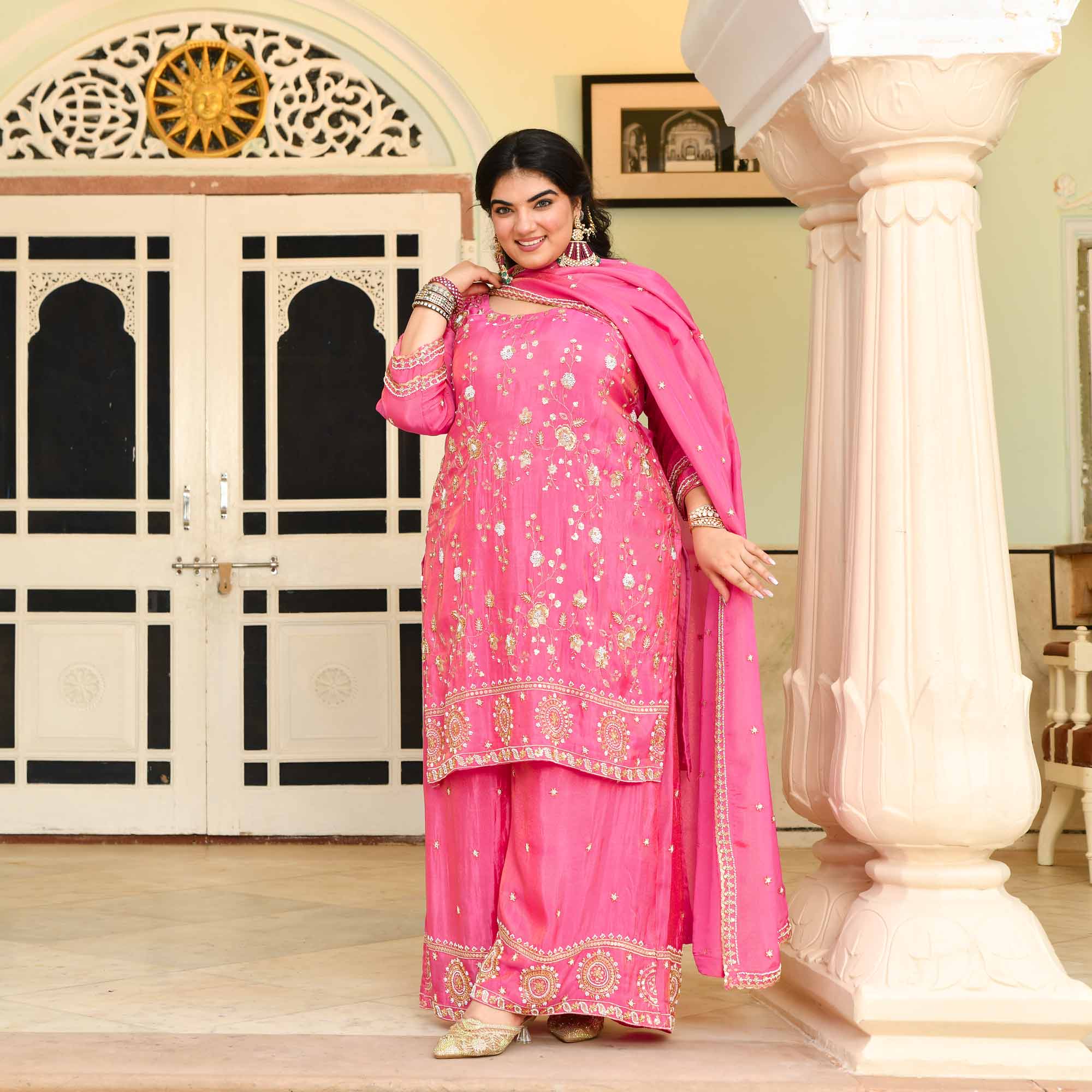 Shukran- Fuscia Pink Pure Tissue Cutdana Embroidered Suit Set