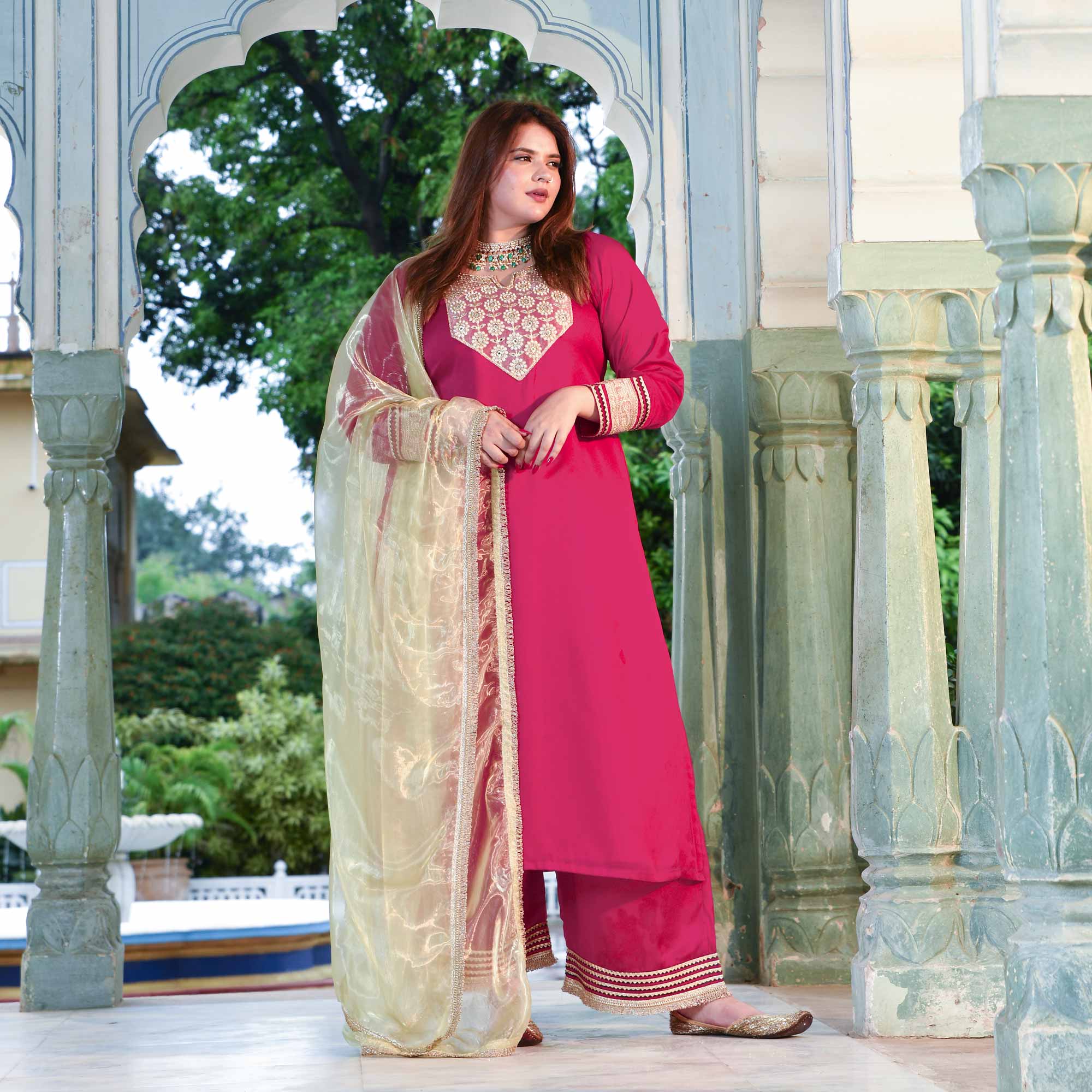 Gulabi Noor- Rani Pink Silk Chiffon Embroidered Suit Set