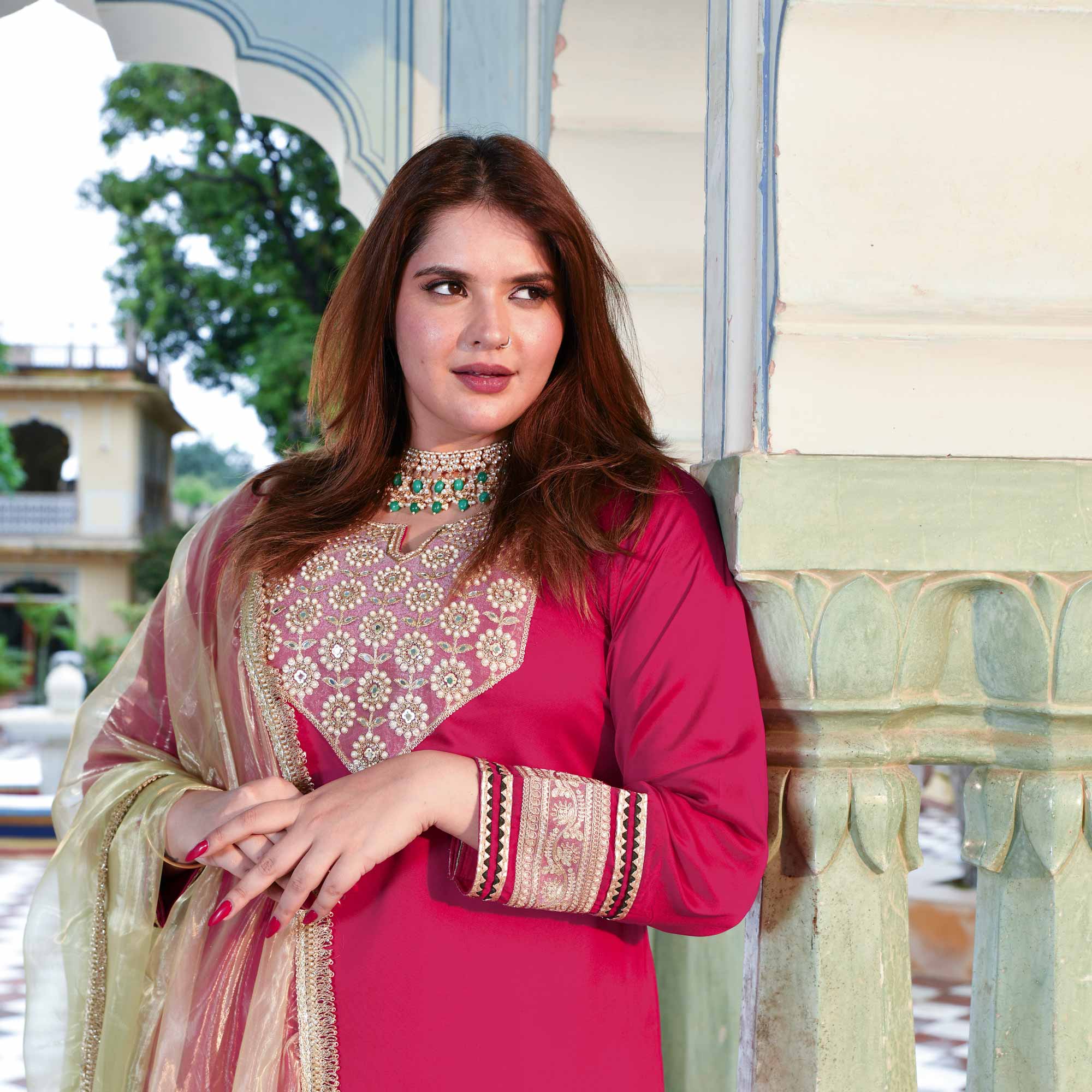 Gulabi Noor- Rani Pink Silk Chiffon Embroidered Suit Set