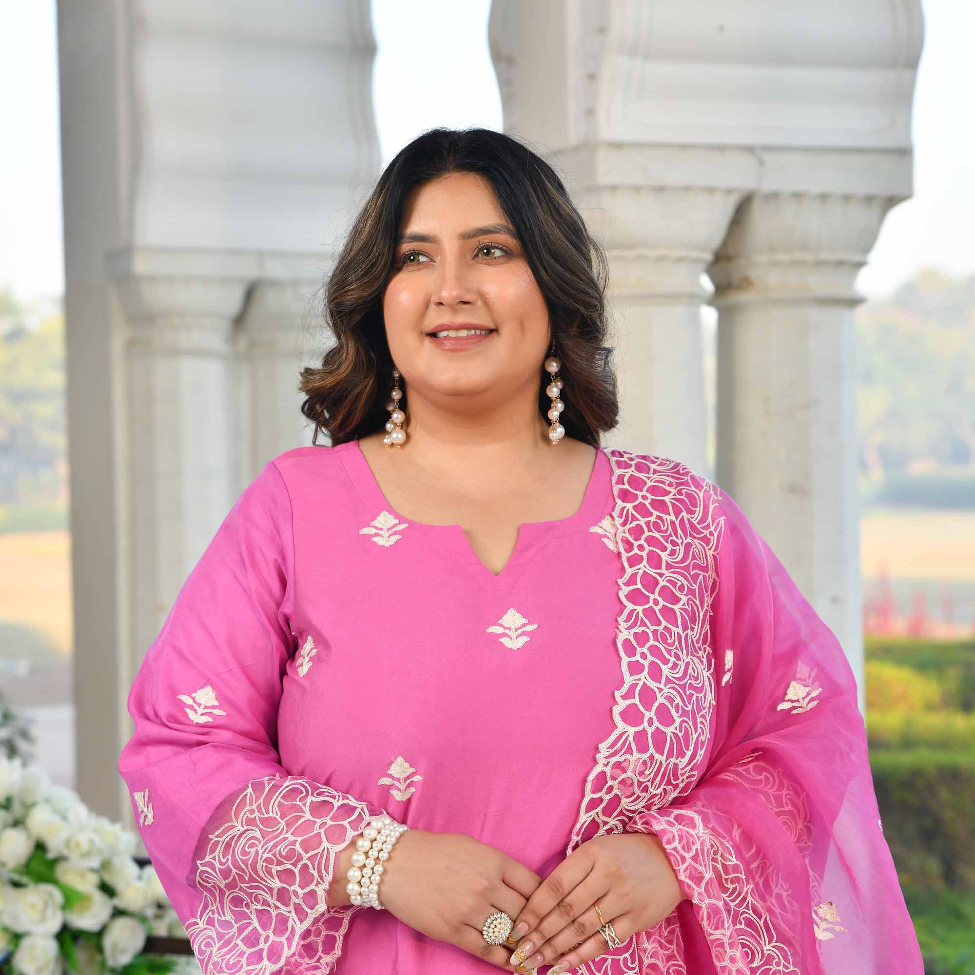 Sweet Grape- Pearly Mauve Thread Embroidered Mul Chanderi Suit Set