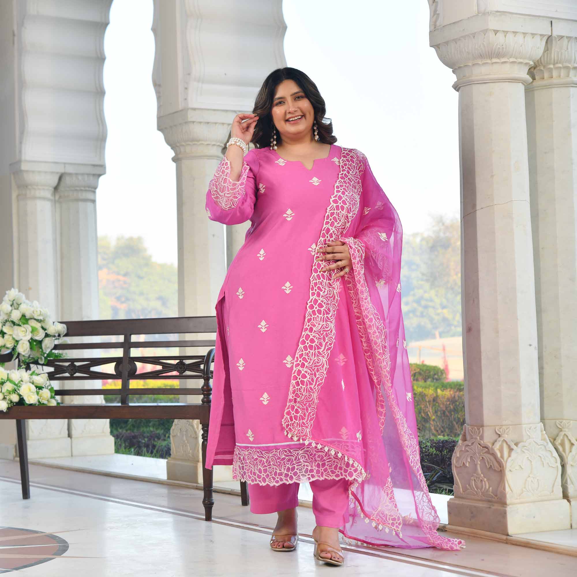 Sweet Grape- Pearly Mauve Thread Embroidered Mul Chanderi Suit Set