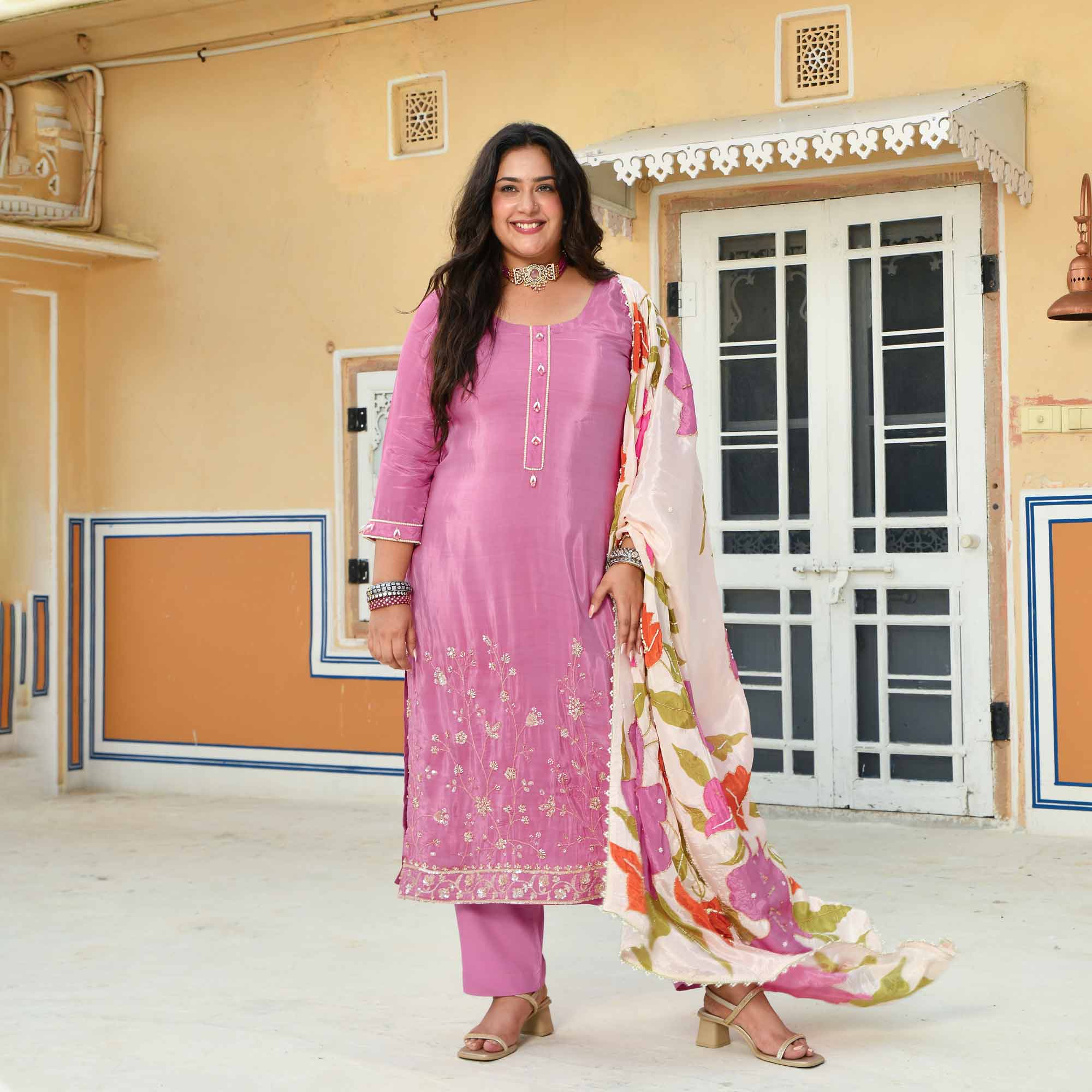 Swapan Lok- Black Pure Crepe Cutdana Embroidered Suit with Floral Printed Dupatta