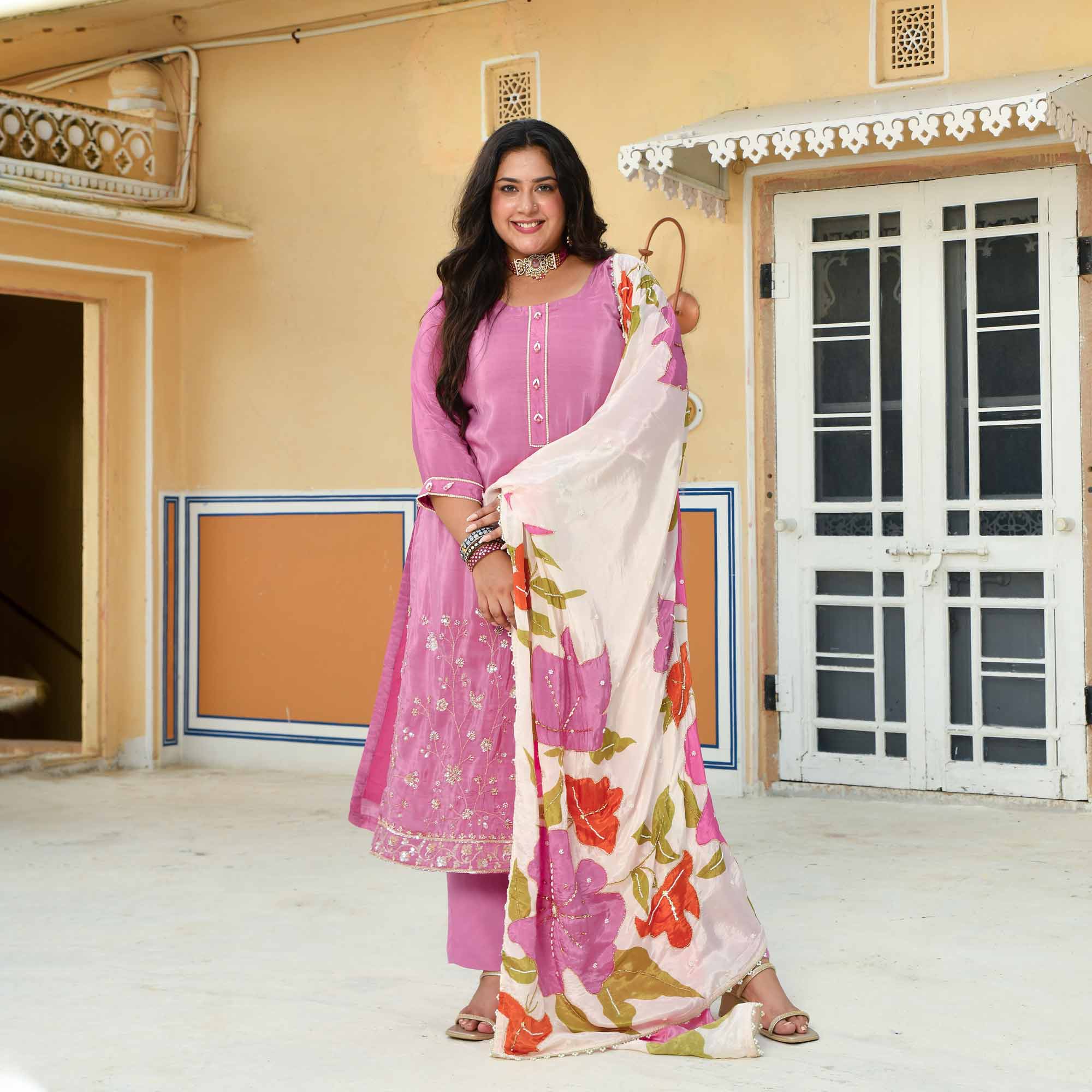 Swapan Lok- Black Pure Crepe Cutdana Embroidered Suit with Floral Printed Dupatta