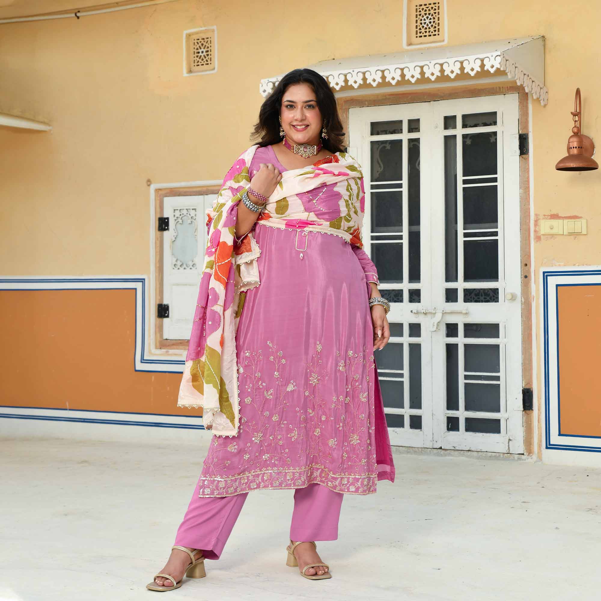 Swapan Lok- Black Pure Crepe Cutdana Embroidered Suit with Floral Printed Dupatta