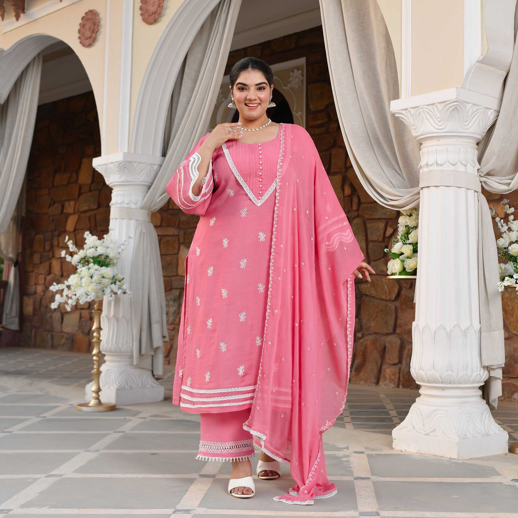 Cadillac Pink Thread Embroidered Muslin Suit Set | The Plus Size Store