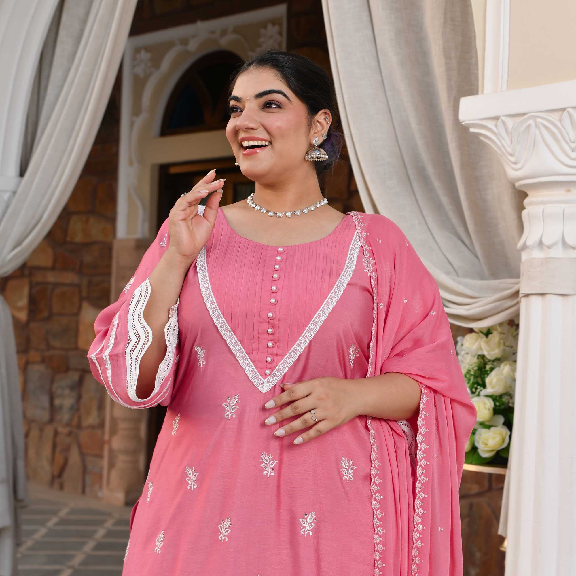 Cadillac Pink Thread Embroidered Muslin Suit Set | The Plus Size Store