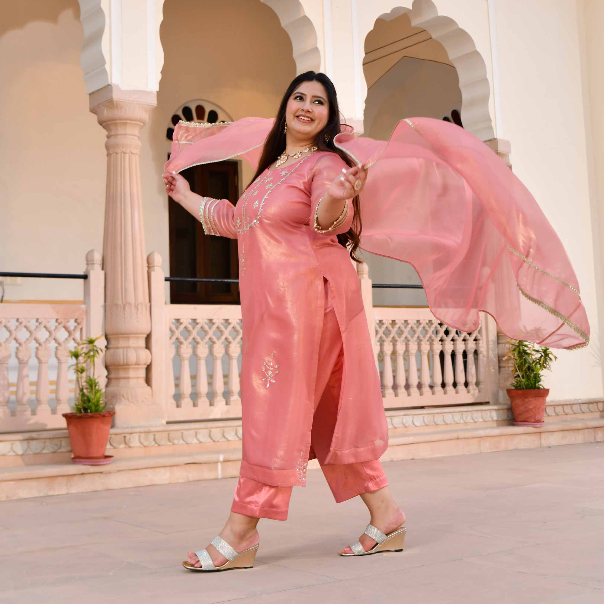 Peachy Salmon Glitz Tissue Gota Patti Suit Set