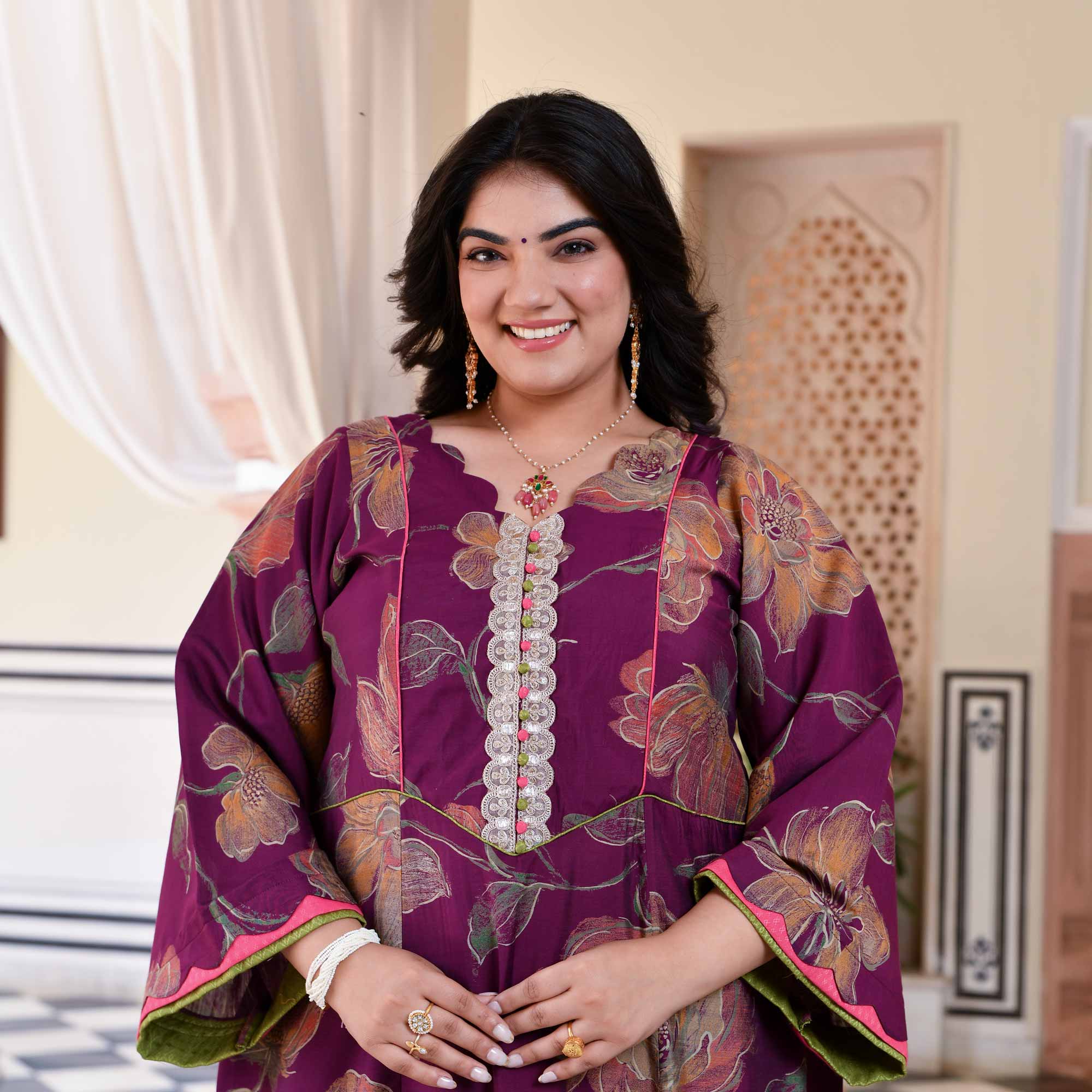 Wine Berry Floral Modal Viscose Aline Kurta Pant Set