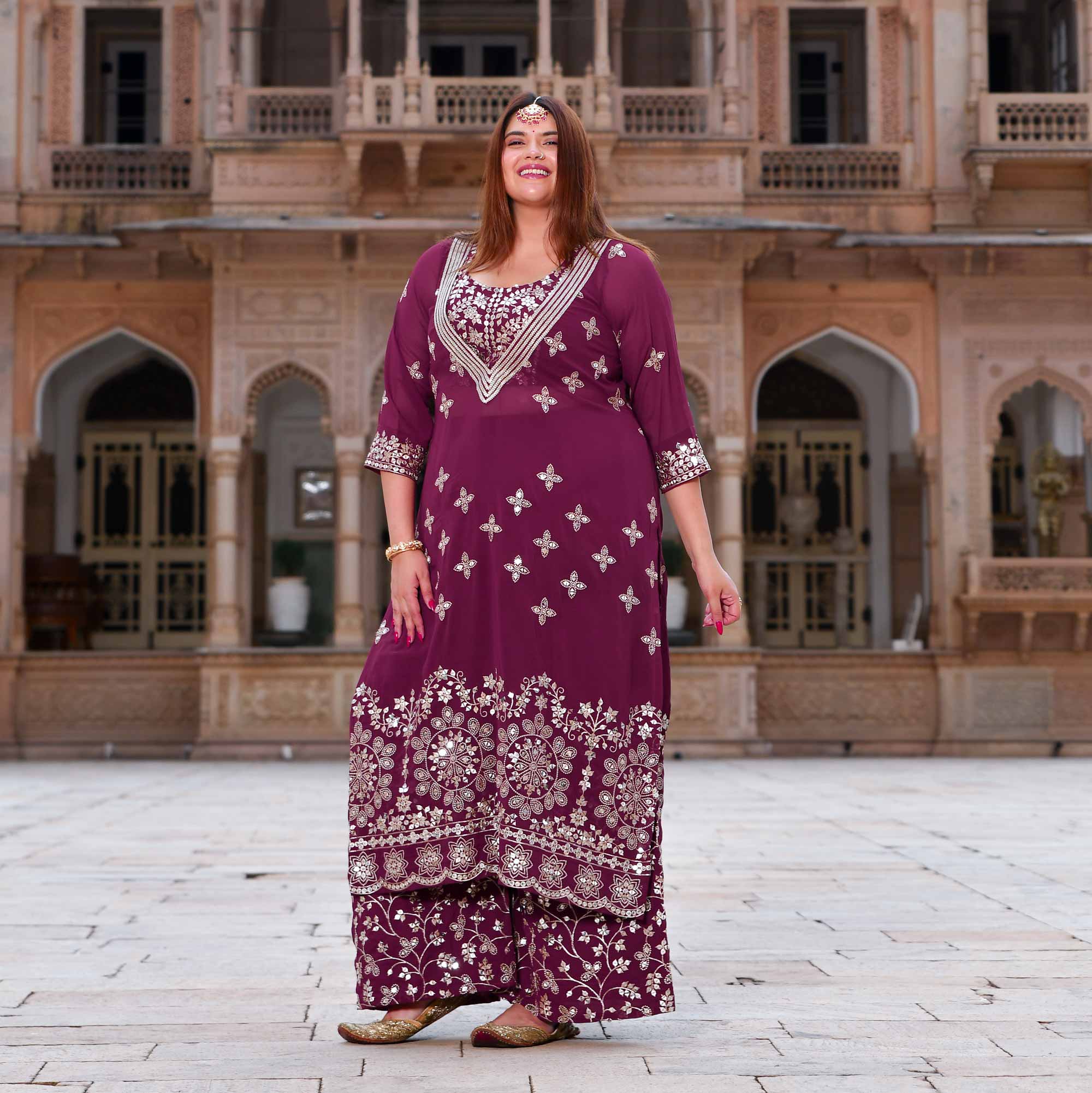Surkh Noor- Deep Wine Sequin Embroidered Georgette Set