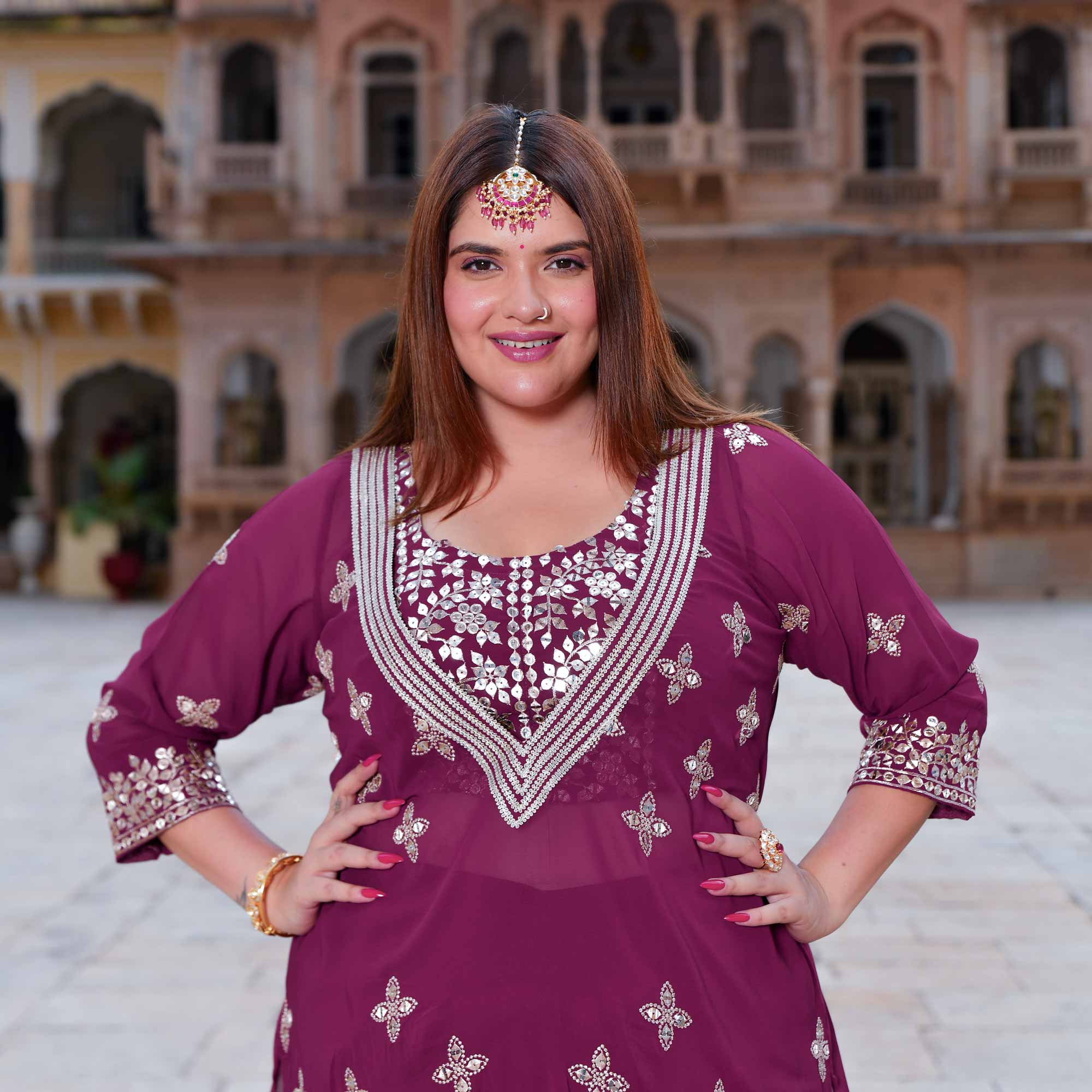Surkh Noor- Deep Wine Sequin Embroidered Georgette Set