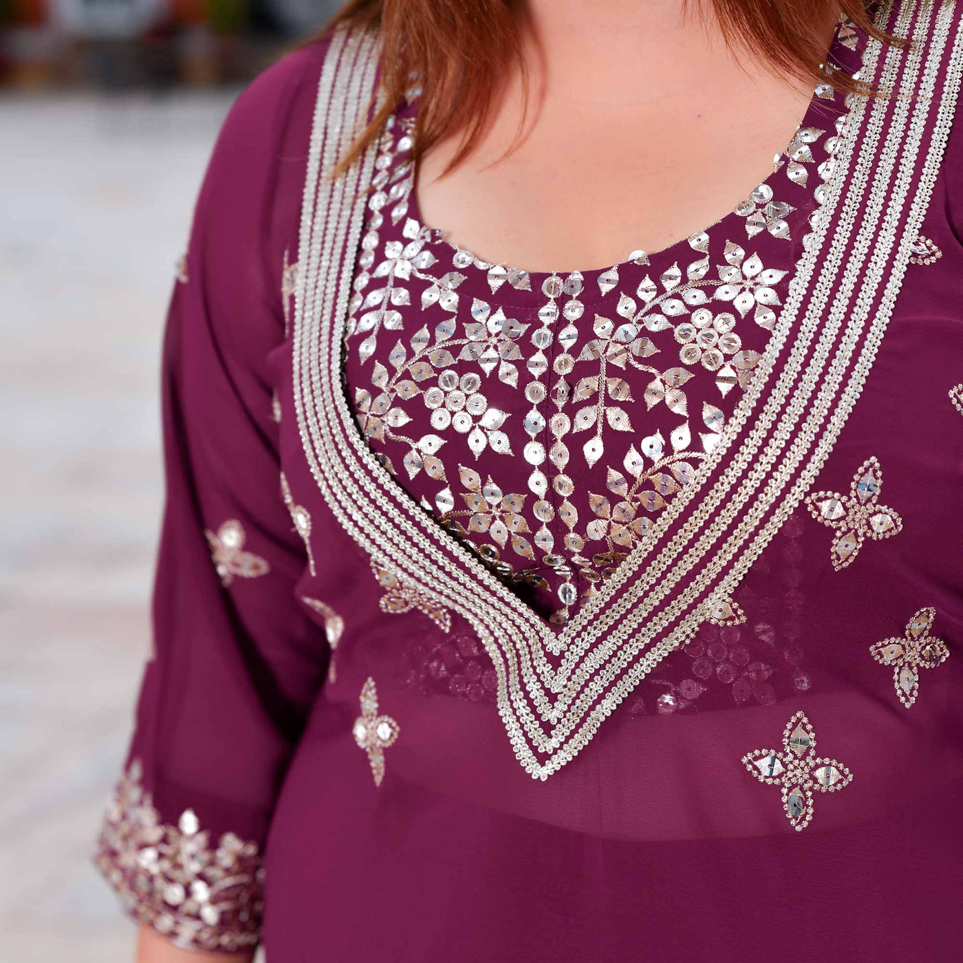 Wine Sequin Kurta with Hidden Placket