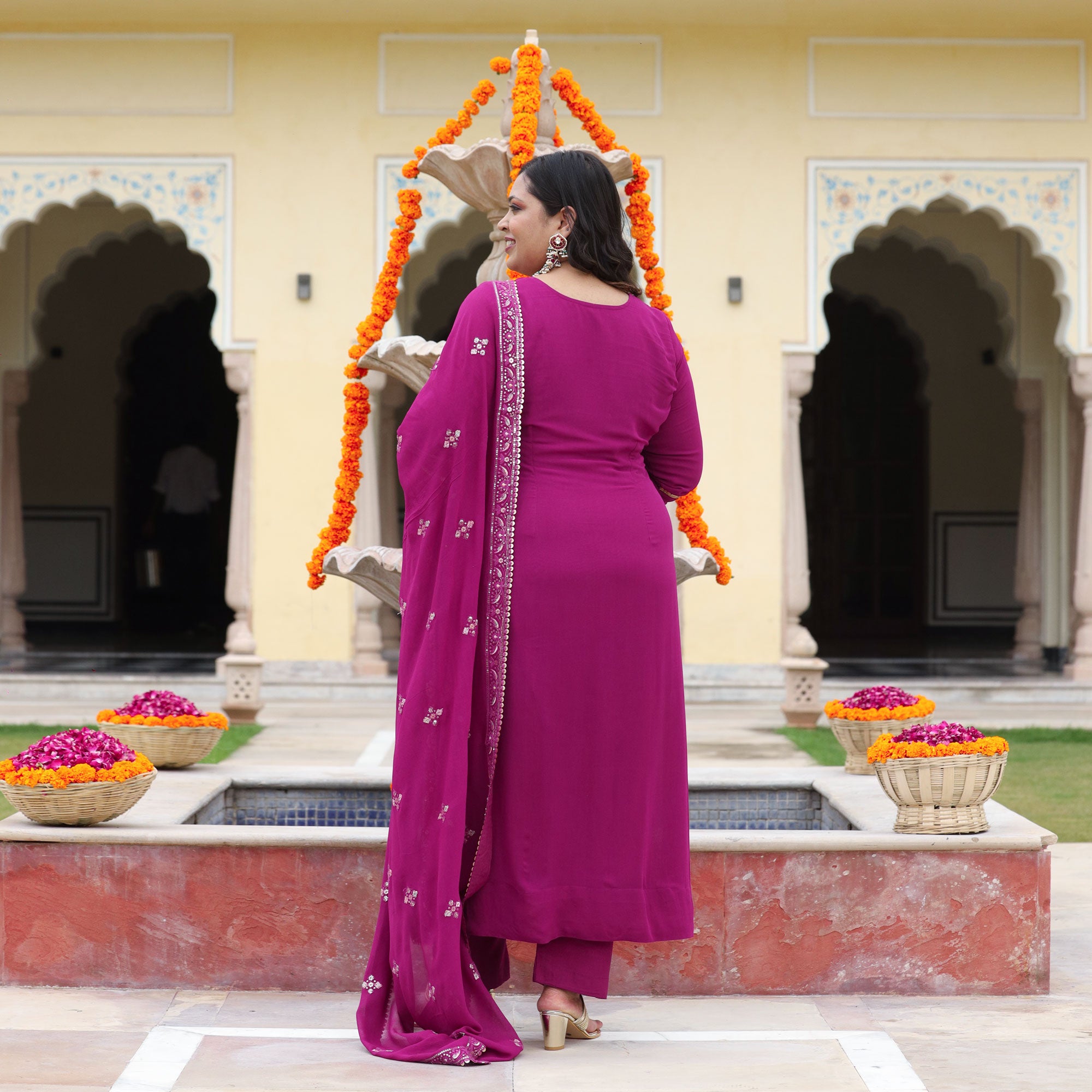 Mulberry Purple Thread & Sequine Embroidered Pure Georgette Suit Set