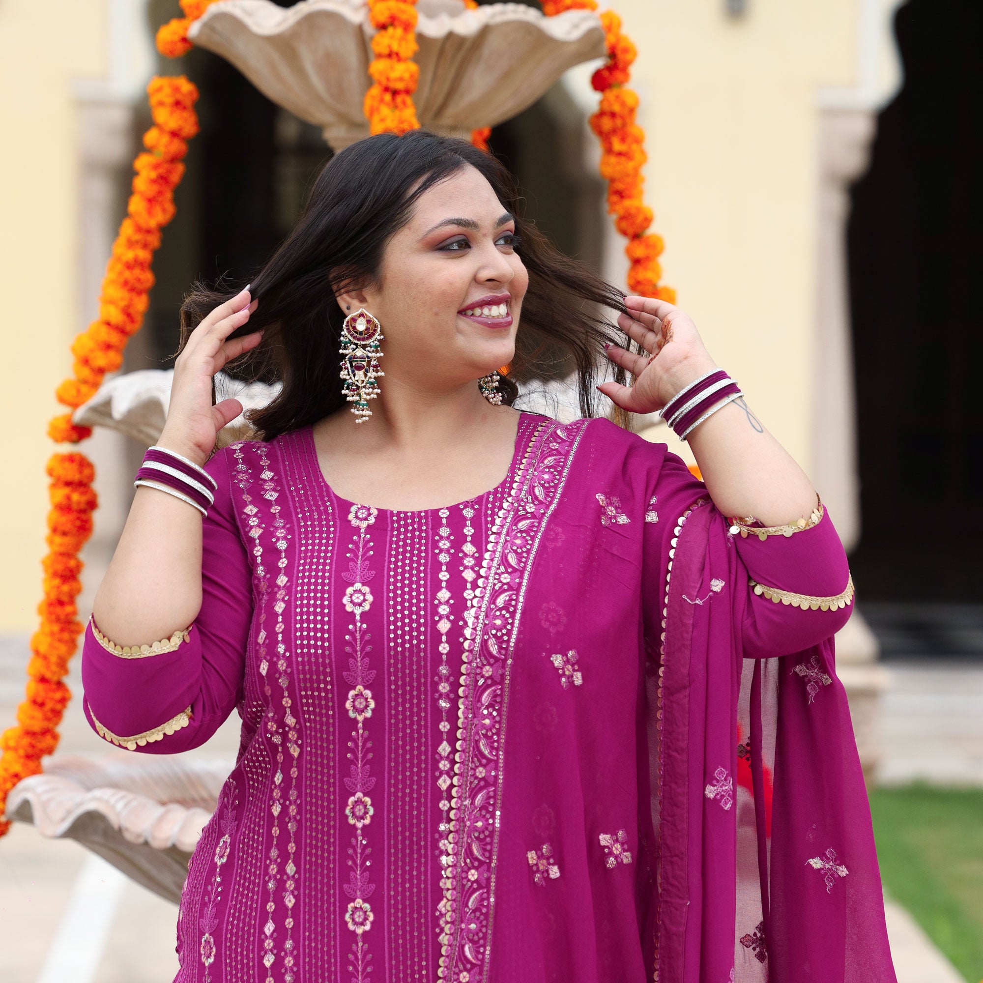 Mulberry Purple Thread & Sequine Embroidered Pure Georgette Suit Set