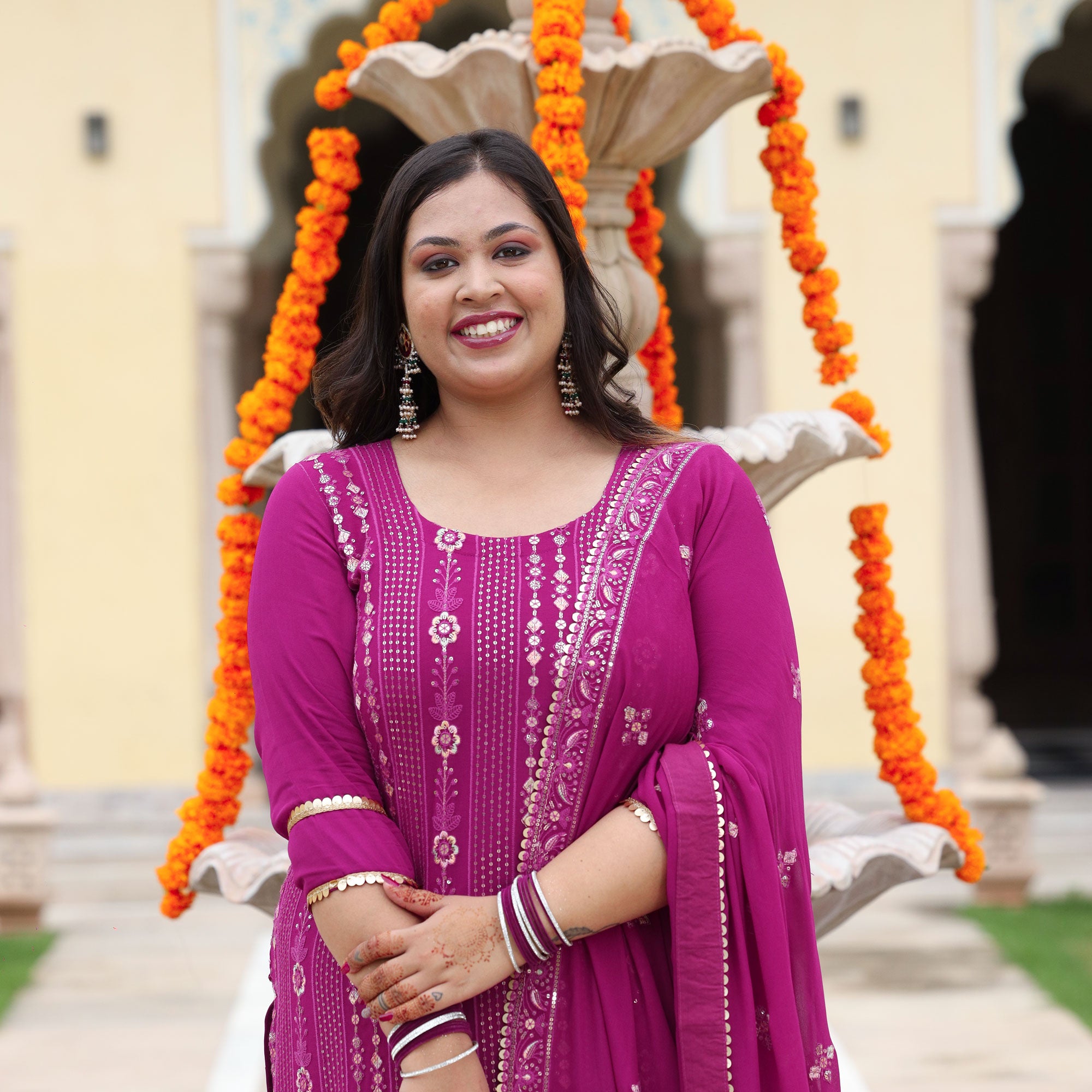 Mulberry Purple Thread & Sequine Embroidered Pure Georgette Suit Set