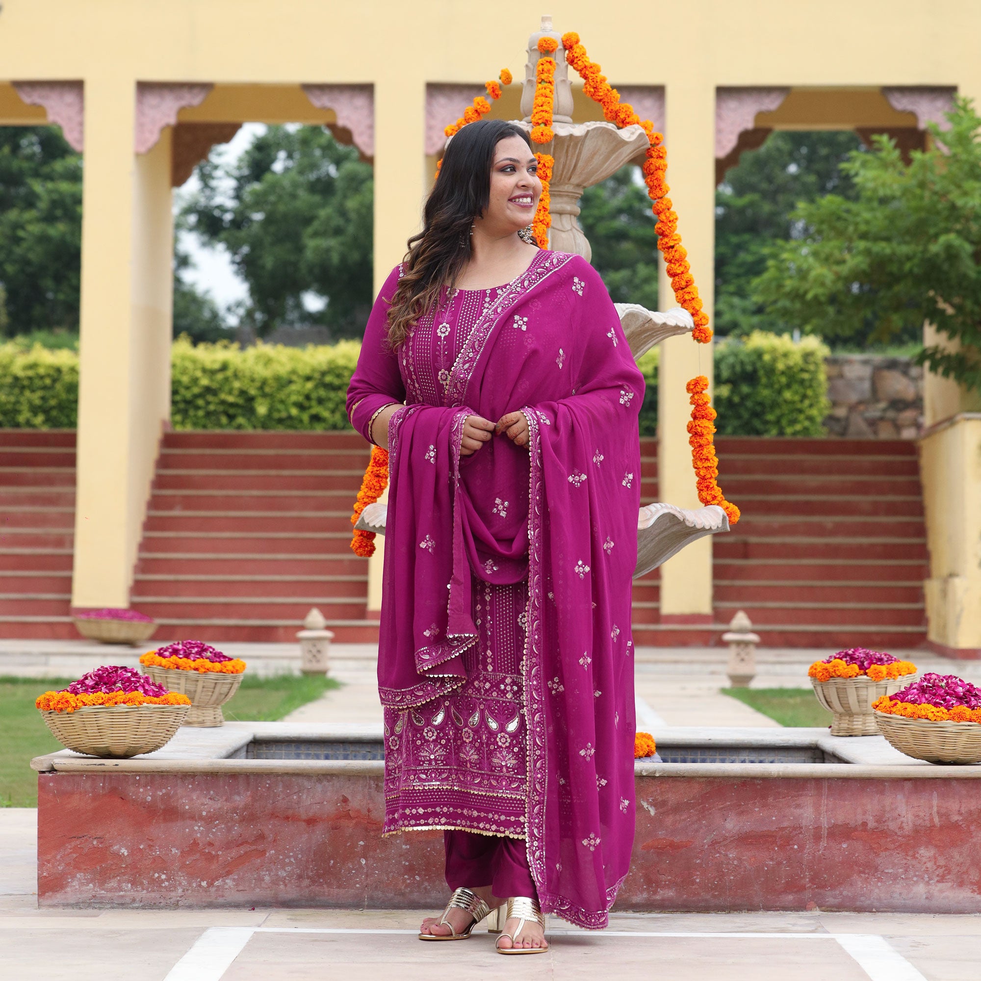 Mulberry Purple Thread & Sequine Embroidered Pure Georgette Suit Set