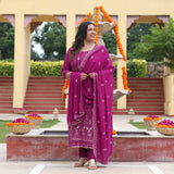 Mulberry Purple Thread & Sequine Embroidered Pure Georgette Suit Set