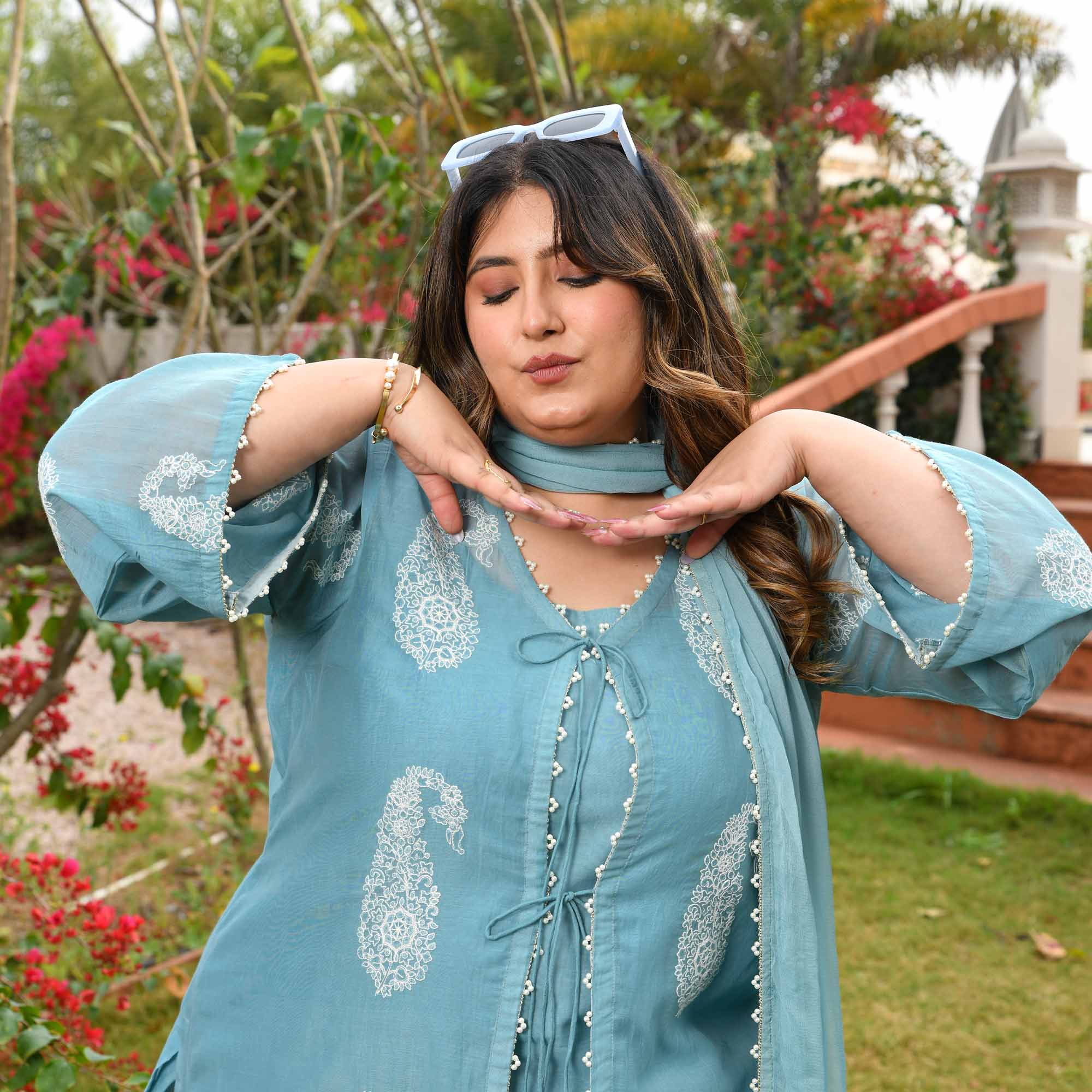 Artic Berry- Powder Blue Paisley Thread Embroidered Mul Chanderi Cape Set