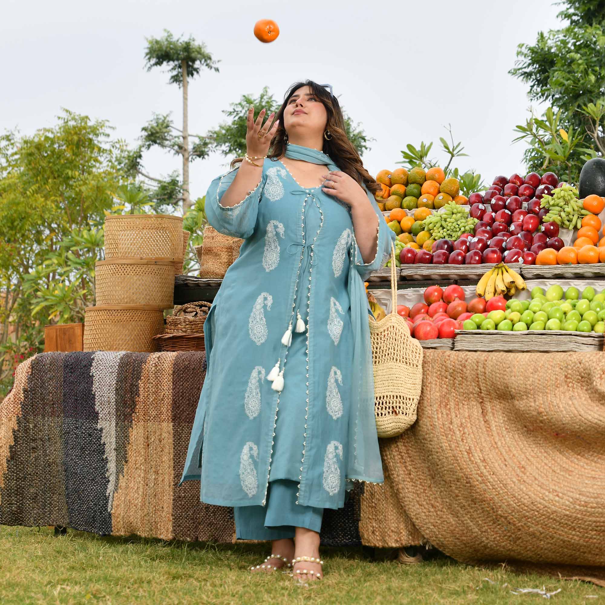 Artic Berry- Powder Blue Paisley Thread Embroidered Mul Chanderi Cape Set