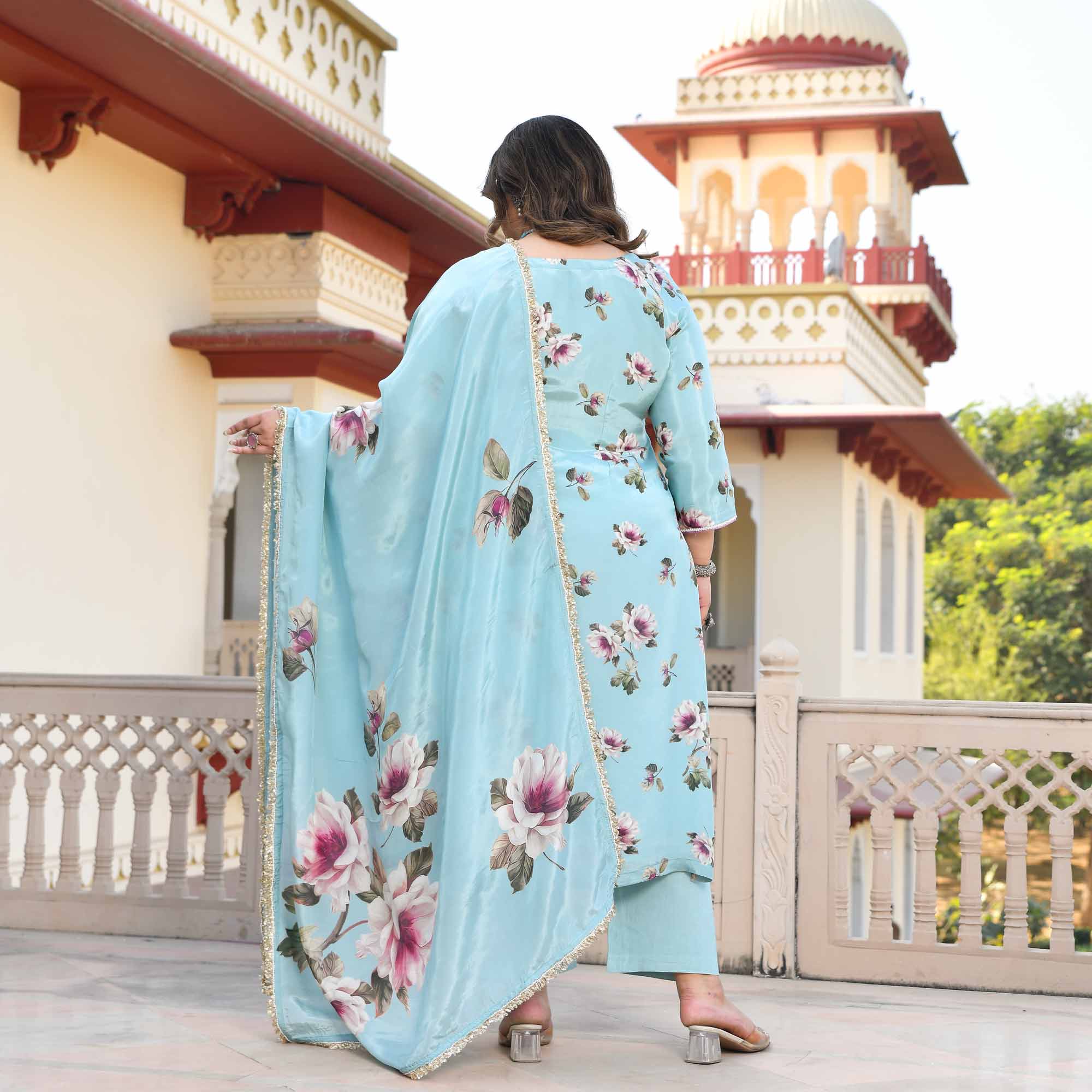 Blooming Sky- Light Blue Floral Pure Organza Suit Set