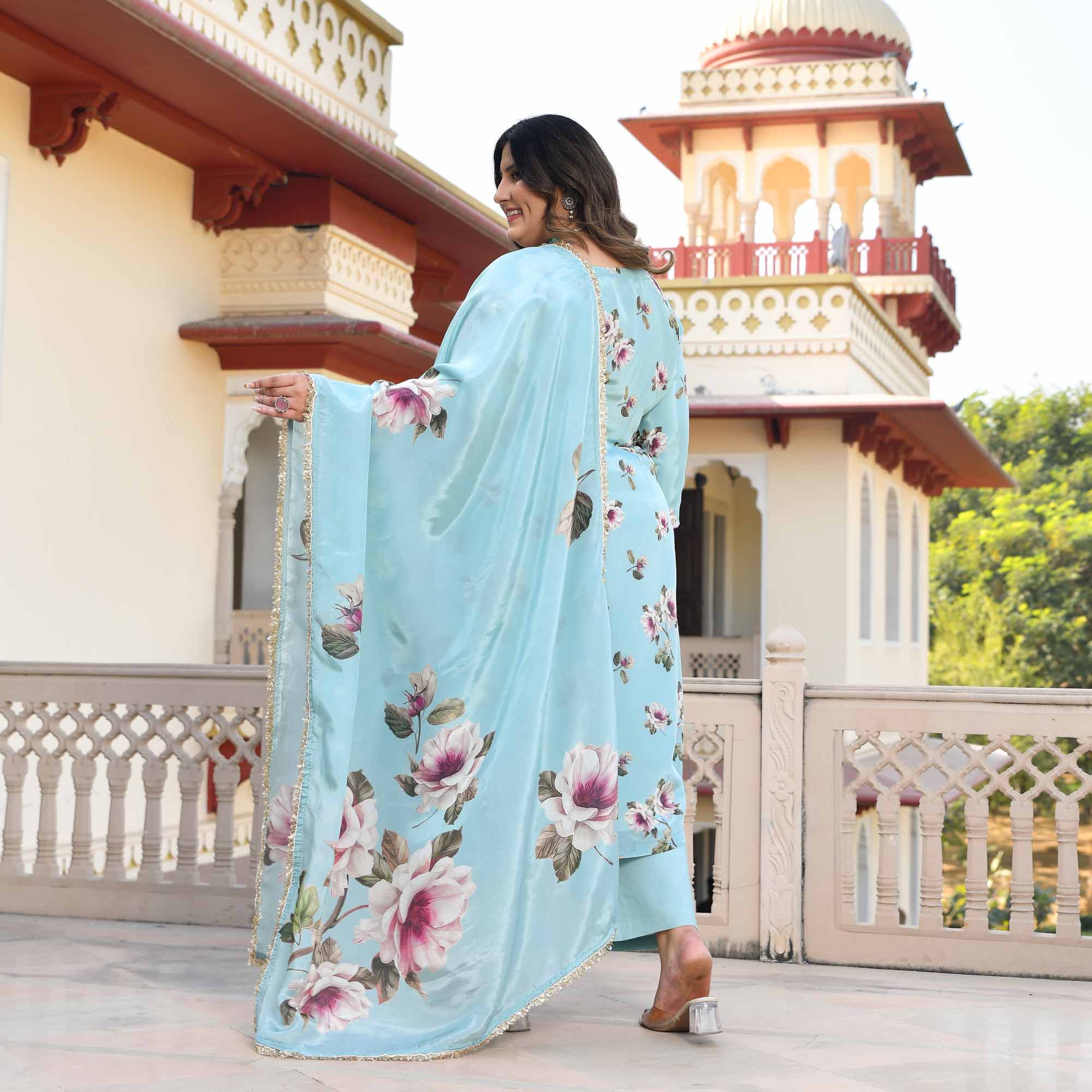 Blooming Sky- Light Blue Floral Pure Organza Suit Set