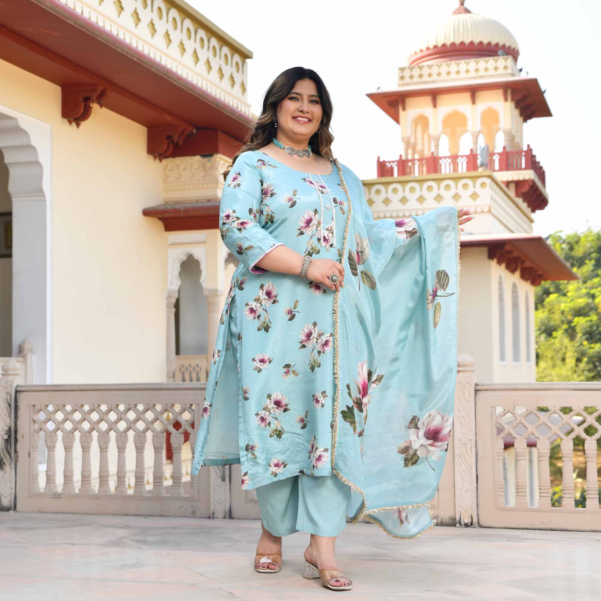 Blooming Sky- Light Blue Floral Pure Organza Suit Set