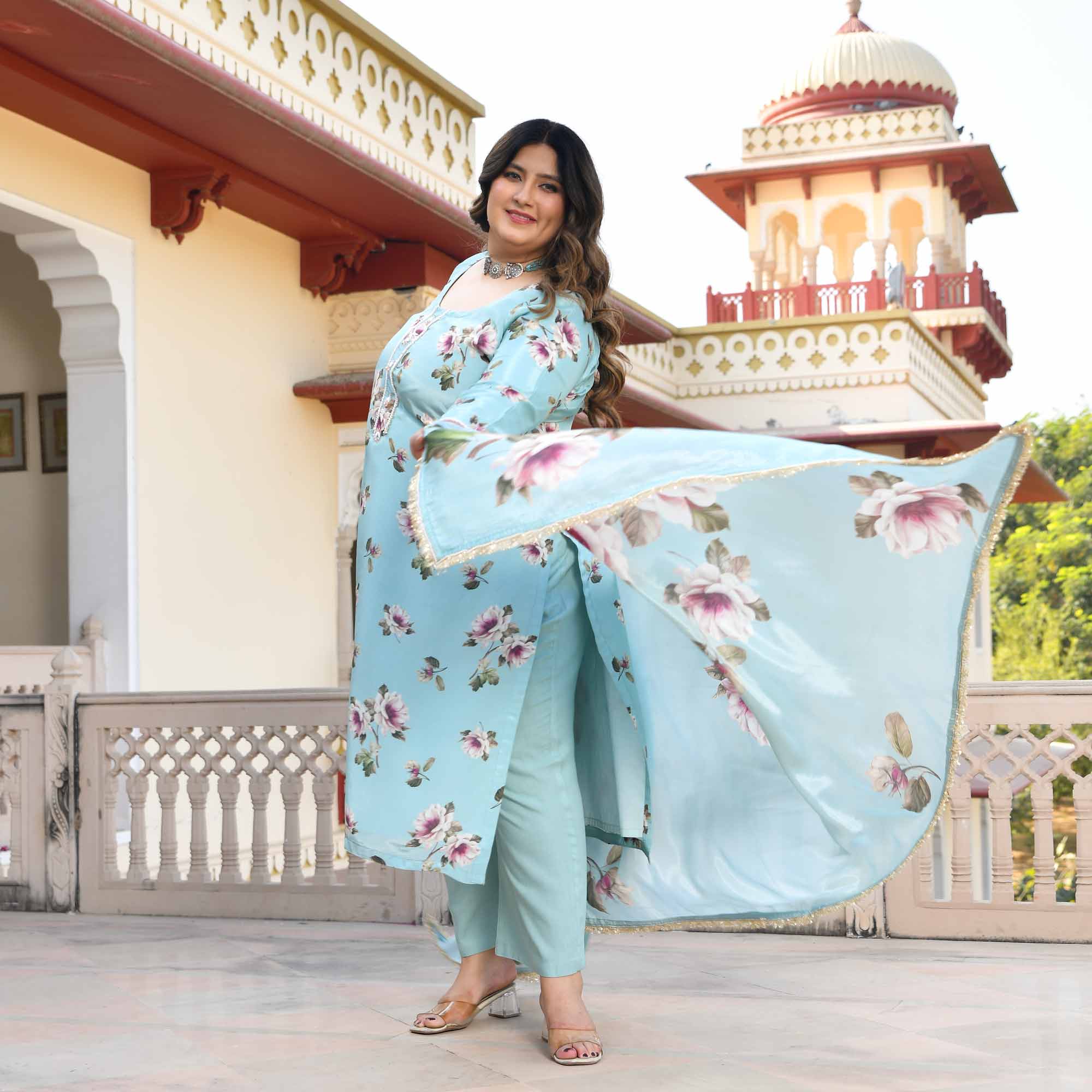 Blooming Sky- Light Blue Floral Pure Organza Suit Set