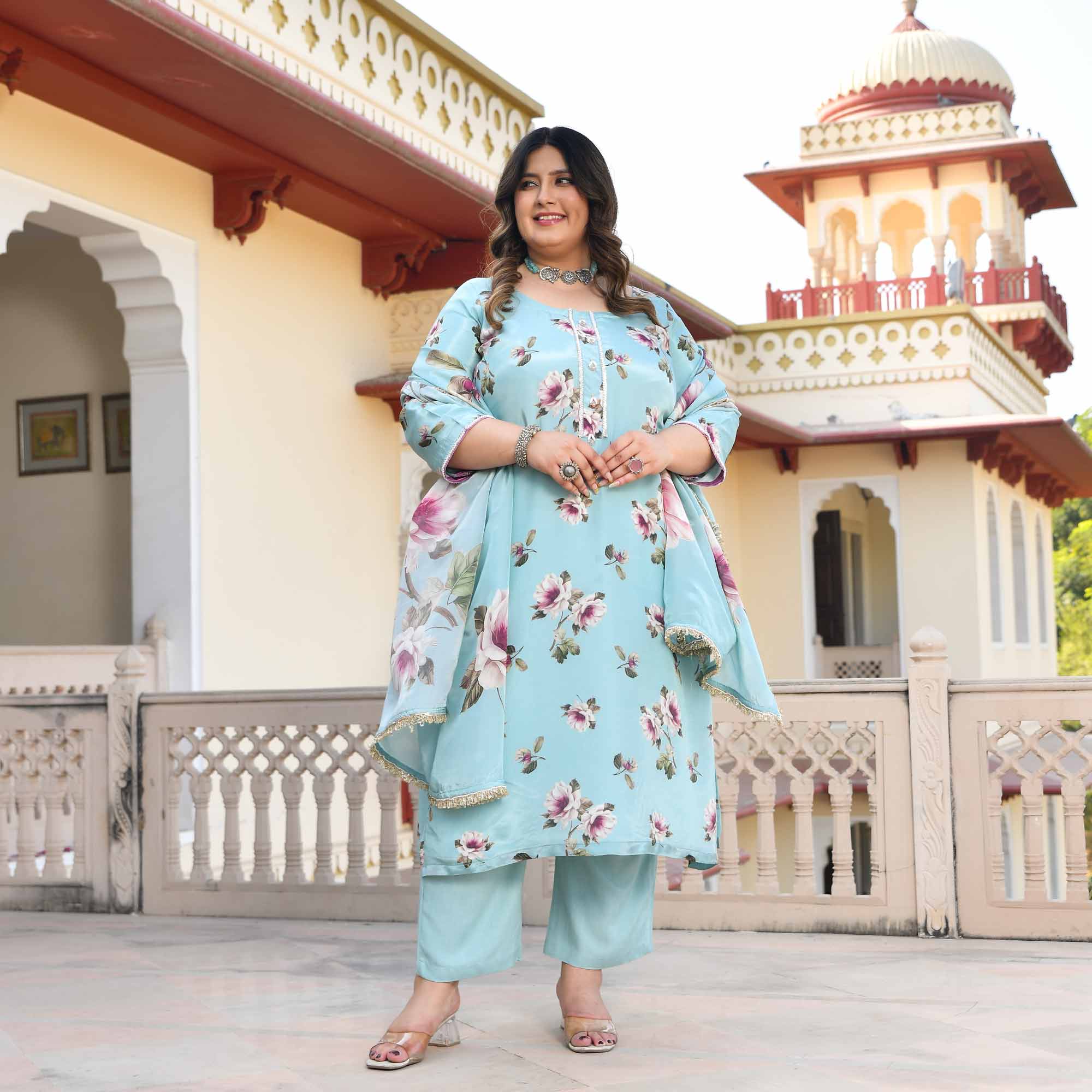 Blooming Sky- Light Blue Floral Pure Organza Suit Set