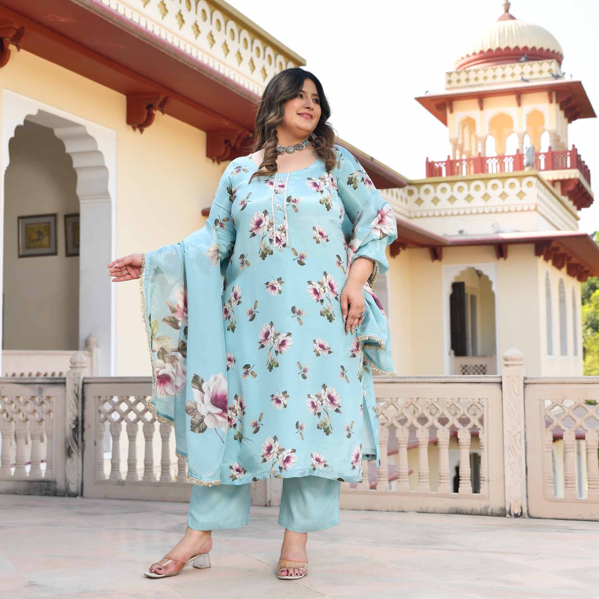 Blooming Sky- Light Blue Floral Pure Organza Suit Set