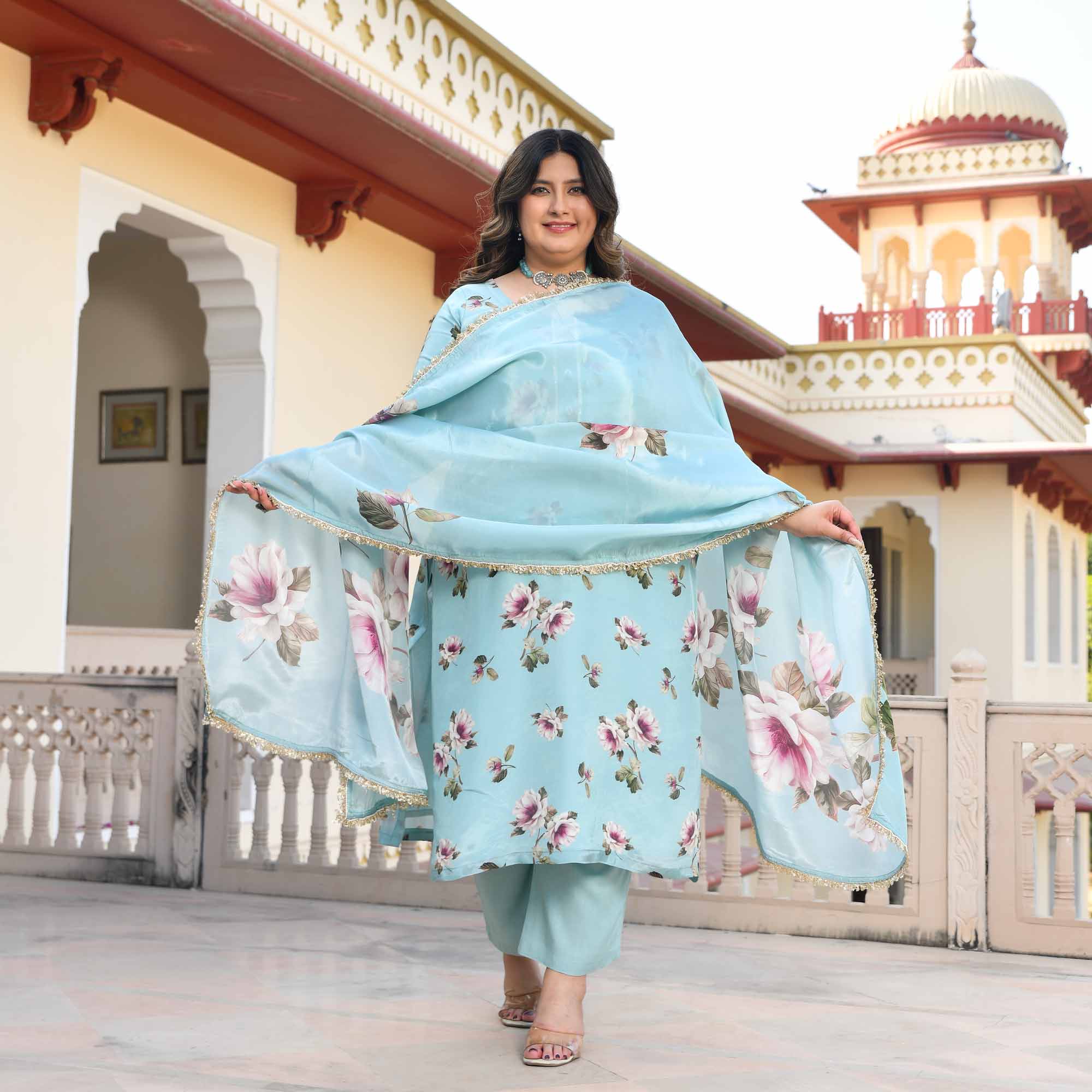 Blooming Sky- Light Blue Floral Pure Organza Suit Set