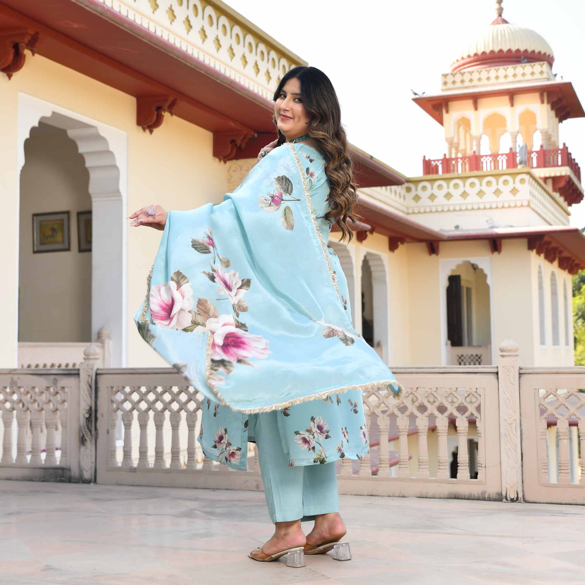 Blooming Sky- Light Blue Floral Pure Organza Suit Set